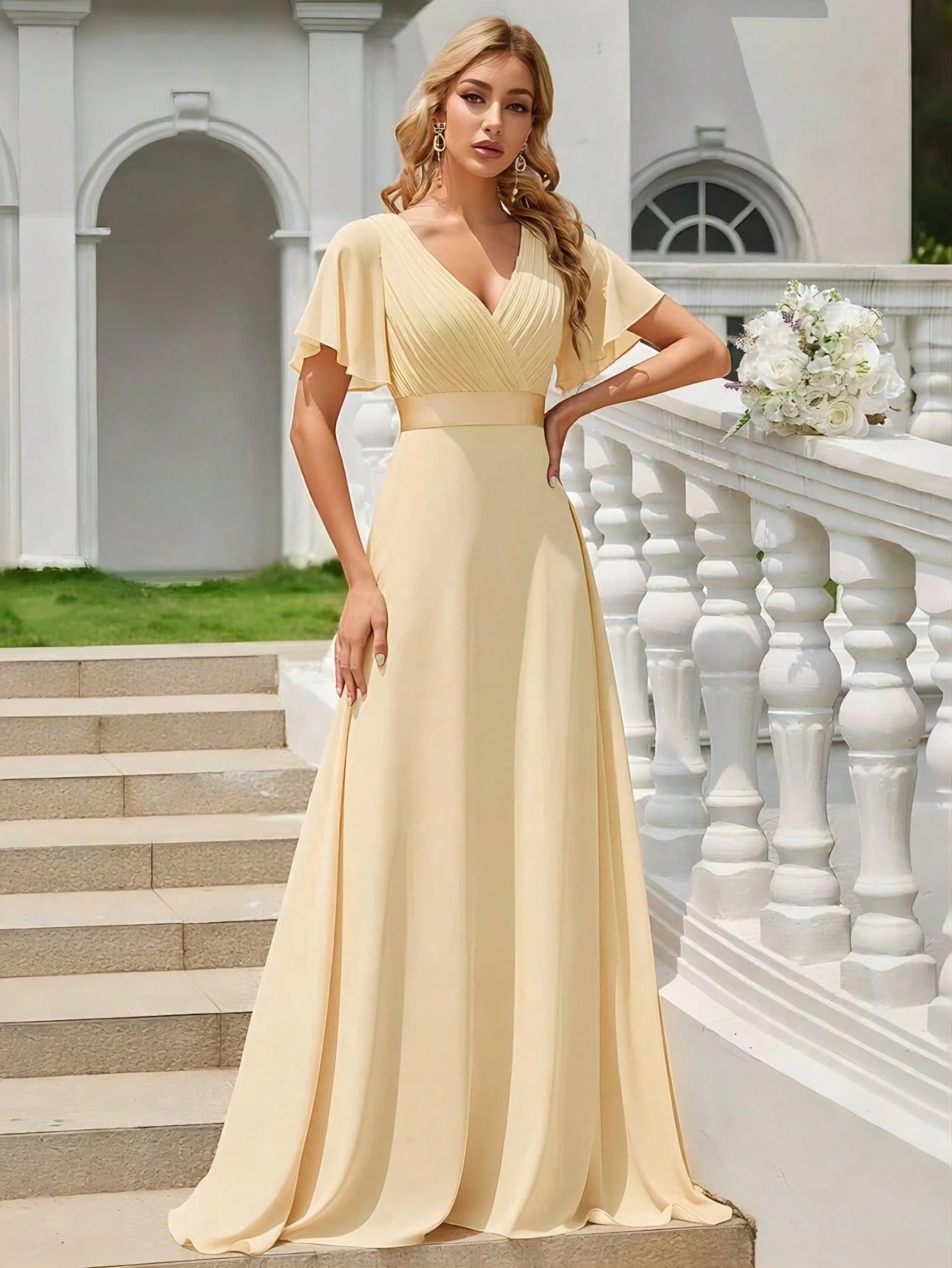 EVERPRETTY Elegant V-Neck Ruffle Butterfly Sleeve Pink Bridesmaid