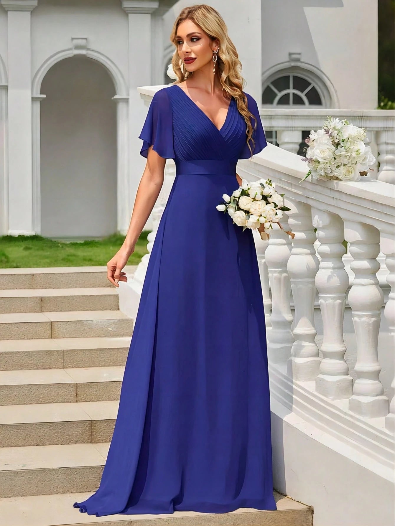 EVERPRETTY Elegant V-Neck Ruffle Butterfly Sleeve Pink Bridesmaid