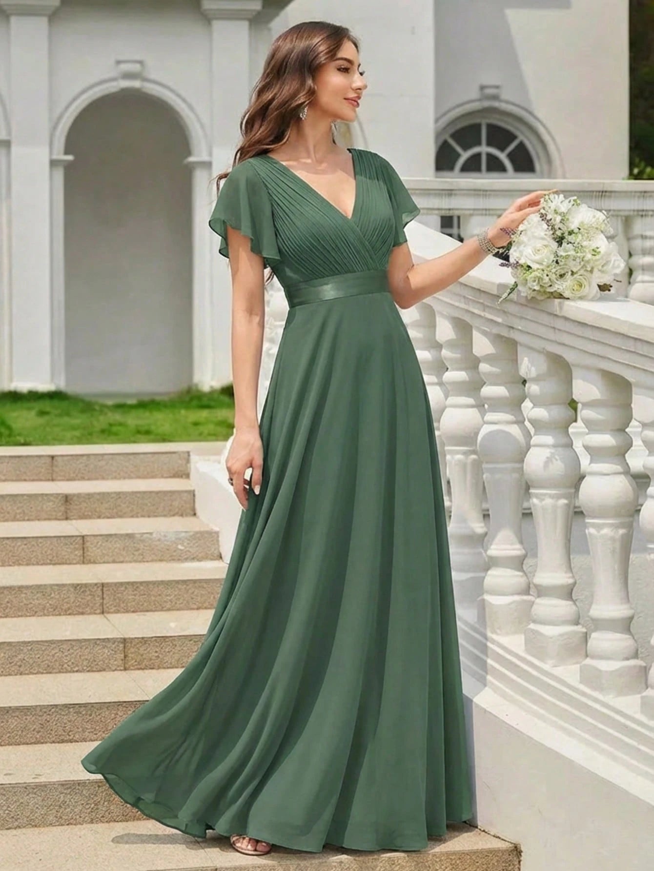 EVERPRETTY Elegant V-Neck Ruffle Butterfly Sleeve Pink Bridesmaid Dress, Wedding Guest Dress, Spring - image 17