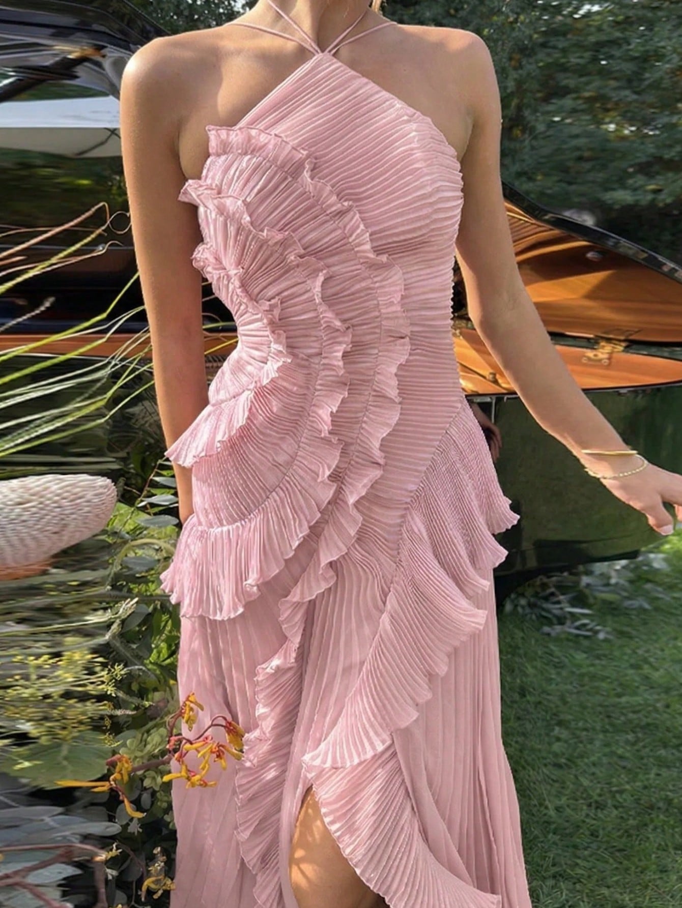 Women's White Lightweight Halter Neck Backless Ruffle Mid-Length A-Line Dress, Sleeveless Polyester Elegant - image 11