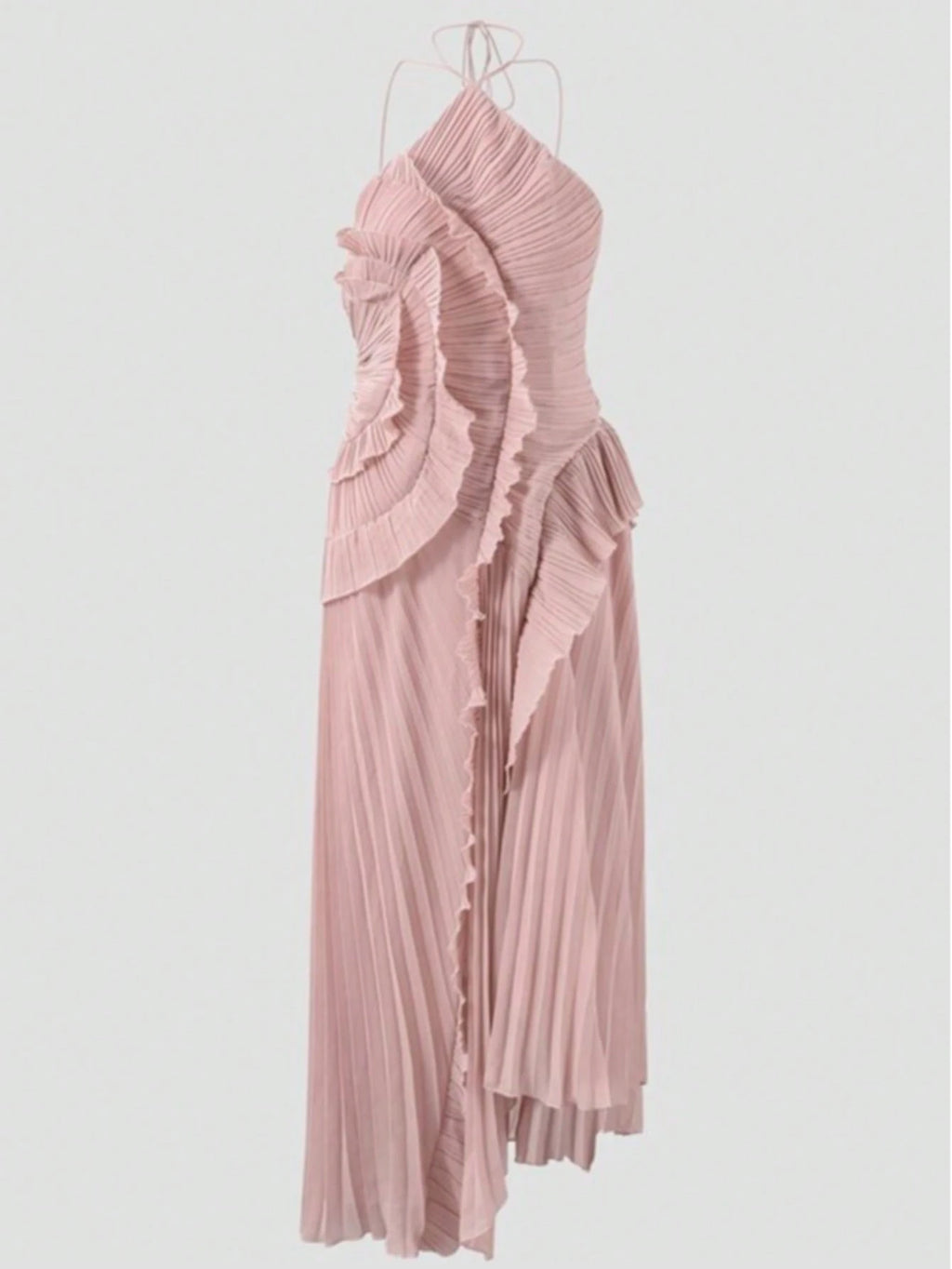 Women's White Lightweight Halter Neck Backless Ruffle Mid-Length A-Line Dress, Sleeveless Polyester Elegant - image 15