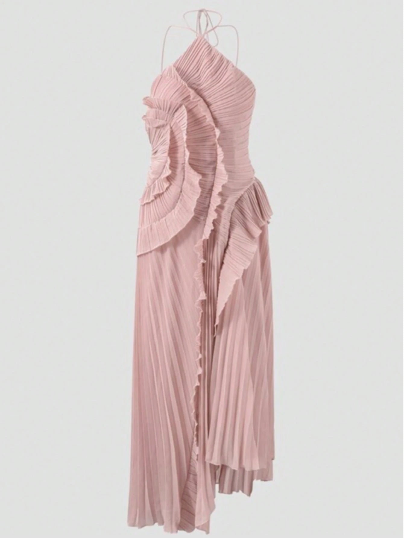 Women's White Lightweight Halter Neck Backless Ruffle Mid-Length A-Line Dress, Sleeveless Polyester Elegant - image 15