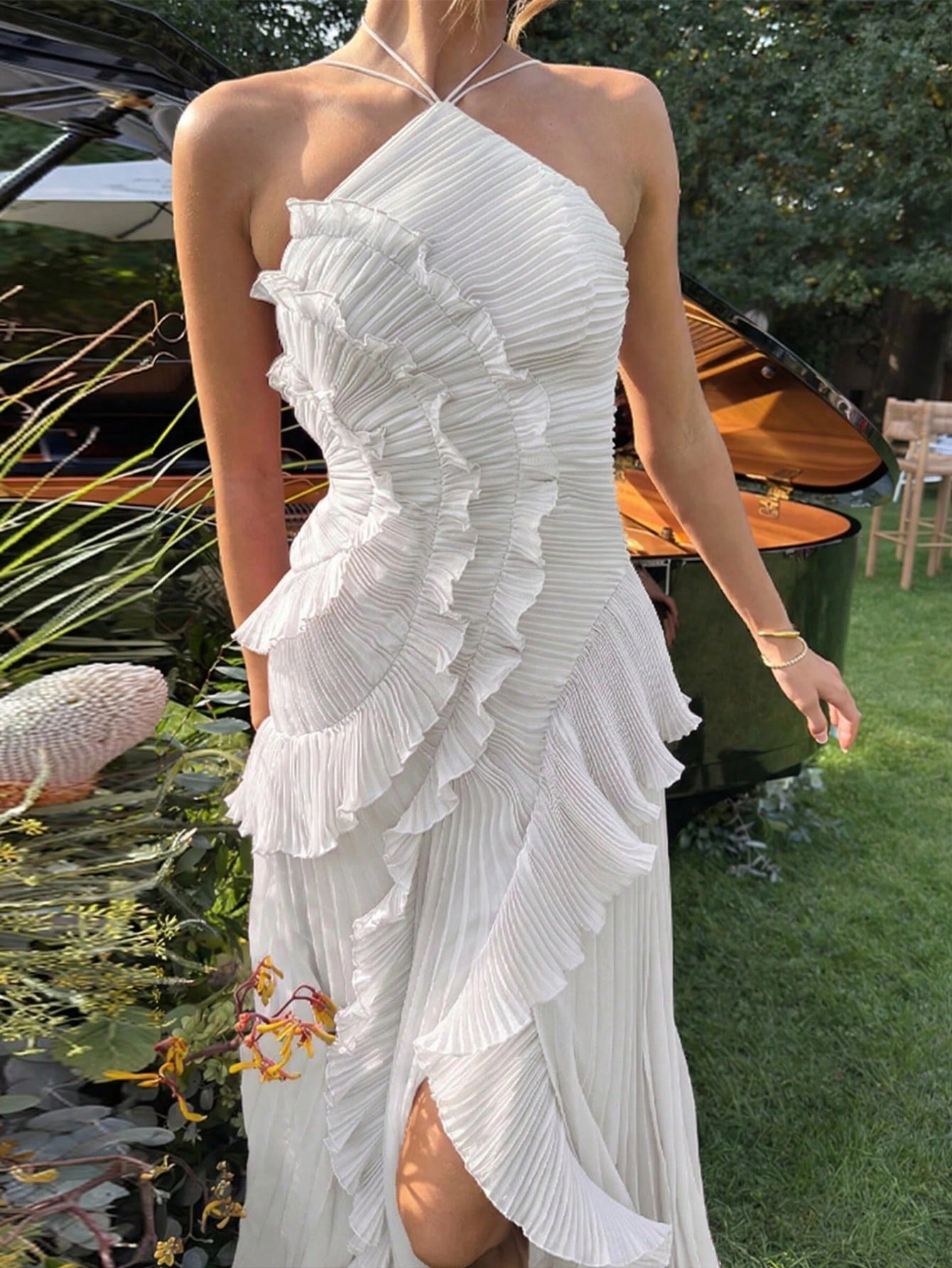 Women's White Lightweight Halter Neck Backless Ruffle Mid-Length