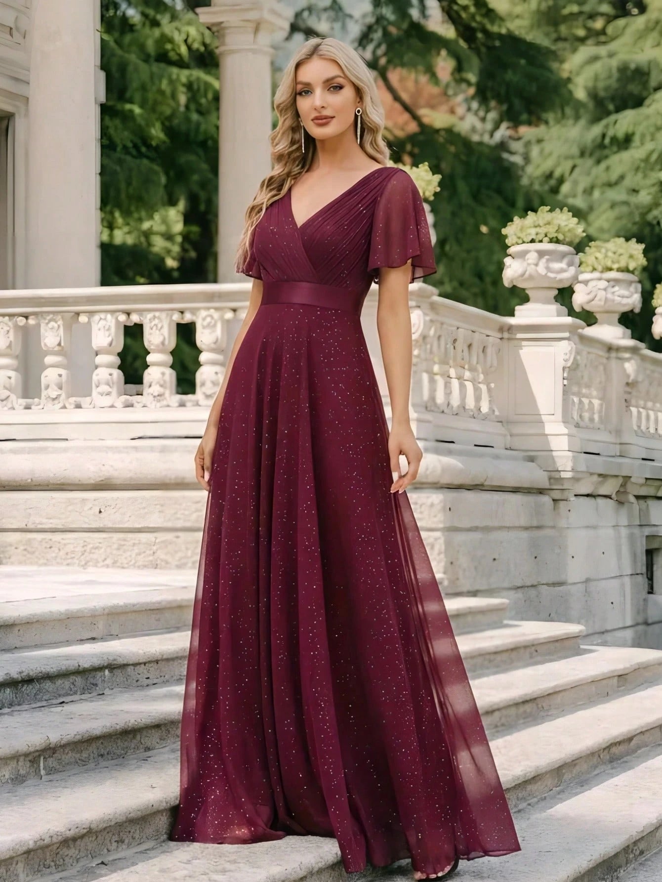 EVERPRETTY Elegant V-Neck Ruffle Sequin Bridesmaid Dress, Formal Evening Gown Wedding Spring