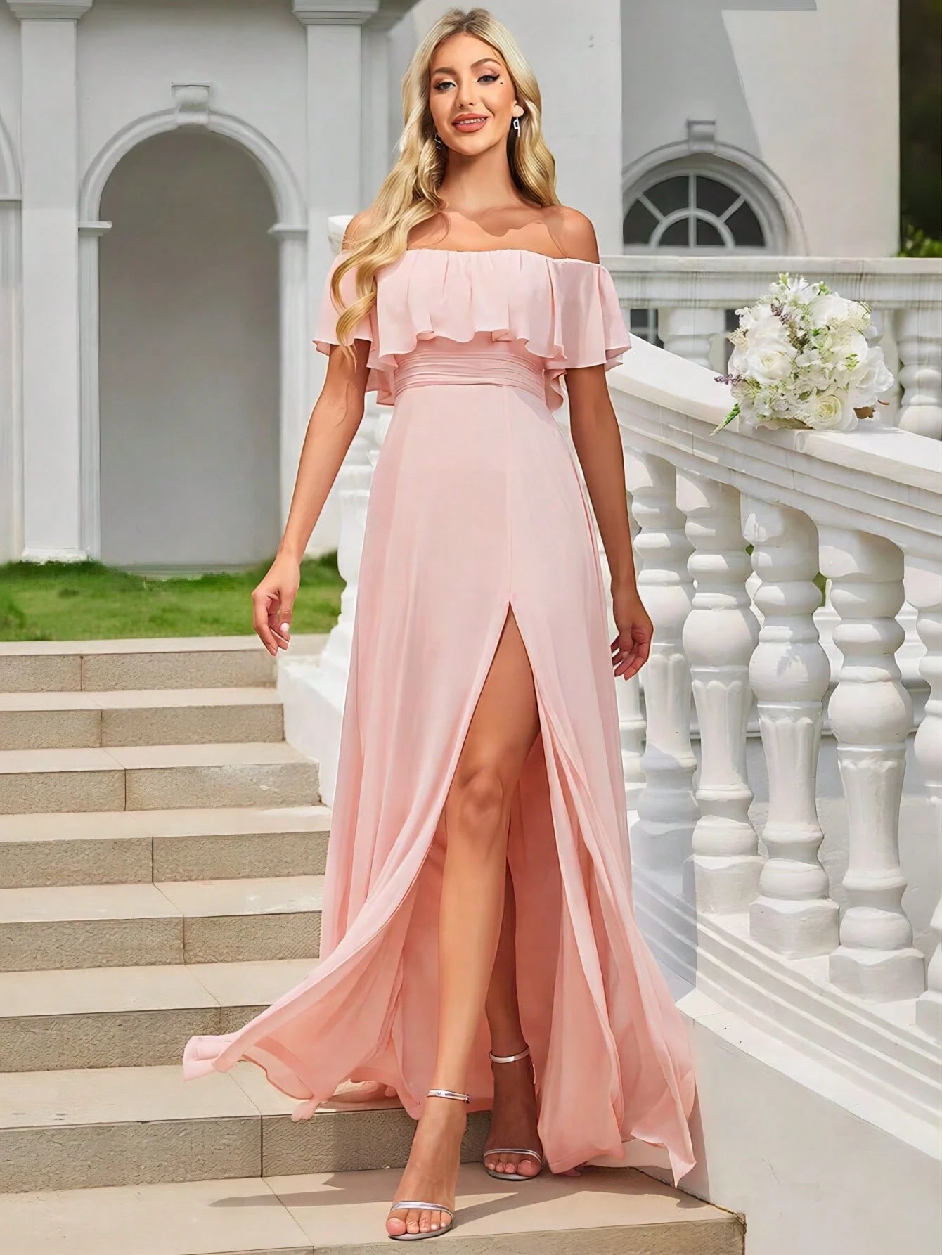 EVERPRETTY Open Shoulder Ruffle Sleeve Side Slit A-Line Chiffon