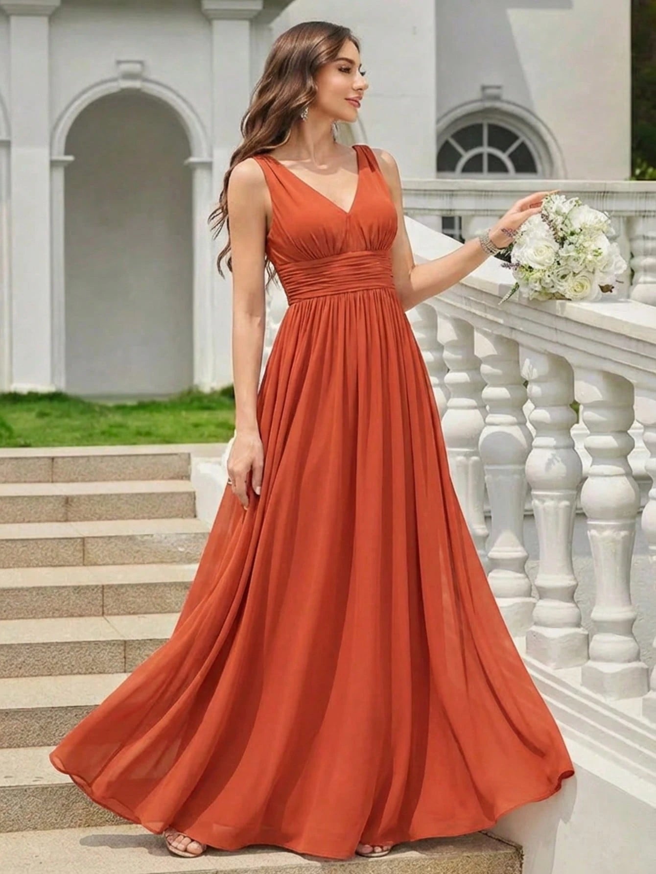 Elegant Chiffon V-Neck Sleeveless Ruched Long Black Bridesmaid Dress,