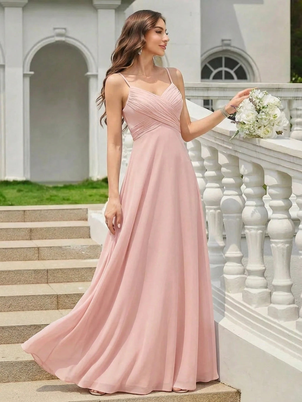 EVERPRETTY Spring Chiffon Spaghetti Strap Backless Pleated Pink Bridesmaid Dress, Elegant Wedding Guest Dress