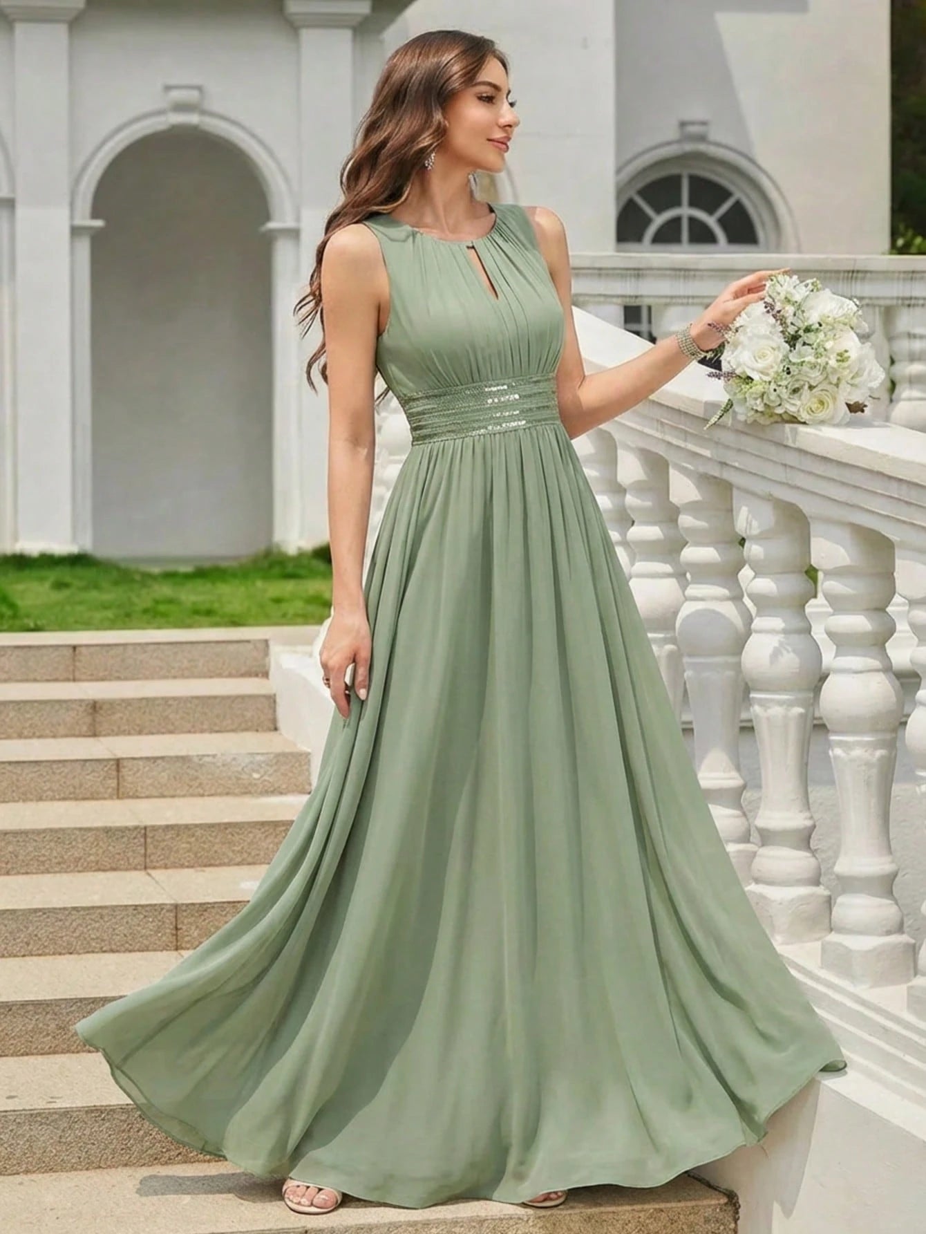 Romantic Chiffon Backless Ruffle Detail Light Blue Bridesmaid Dress, Semi-Formal Wedding Guest Dress, - image 7