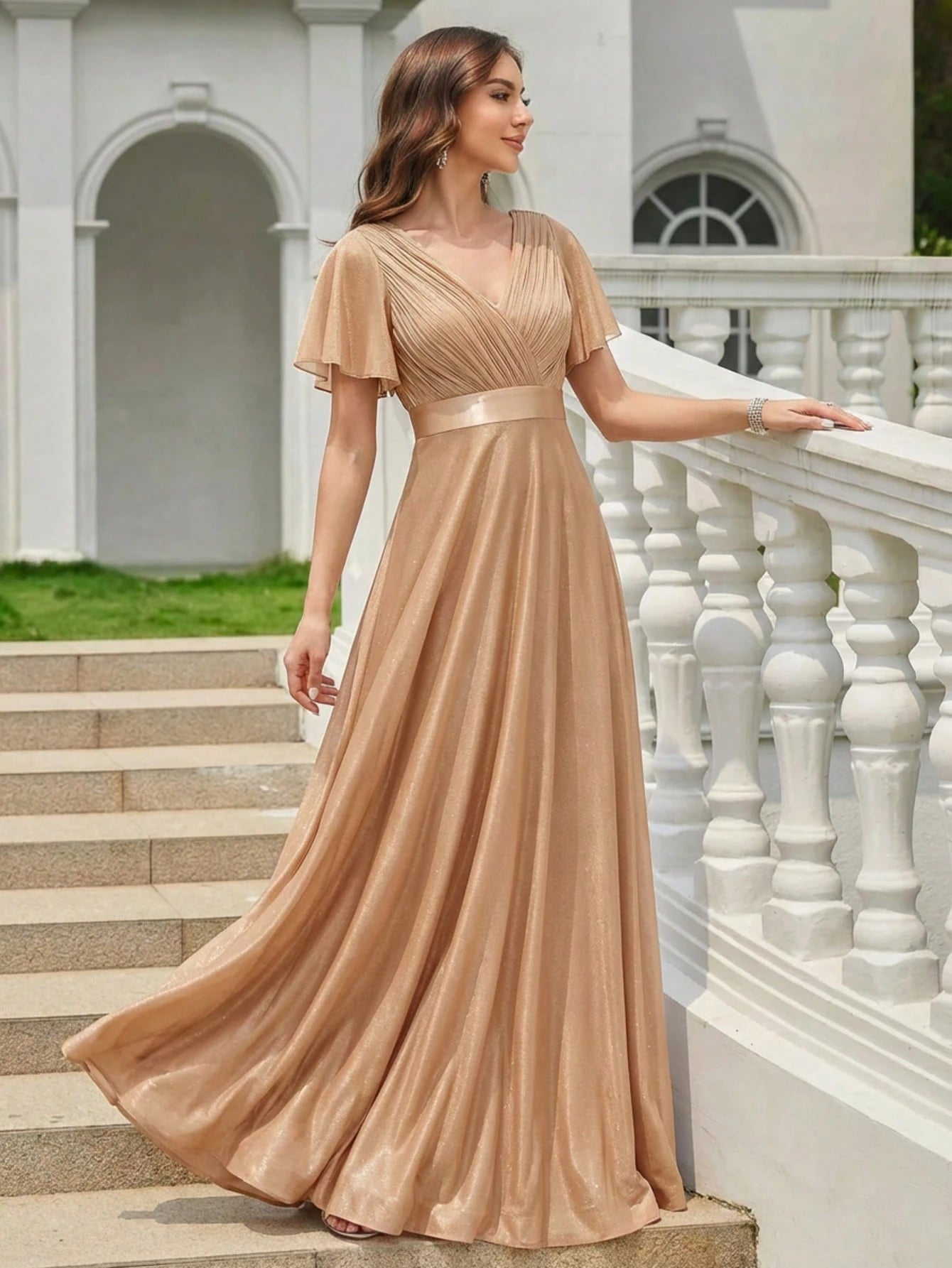 EVERPRETTY Elegant V-Neck Ruffle Sequin Bridesmaid Dress, Formal