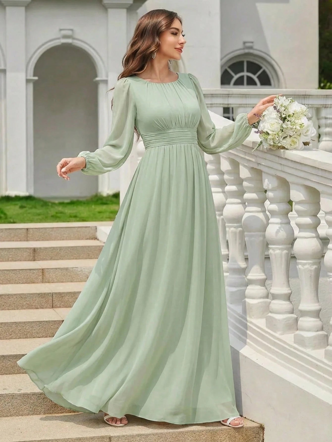 EVERPRETTY Elegant Autumn Special Occasion Chiffon Round Neck Lantern Sleeve Long Sleeve Bridesmaid Dress,