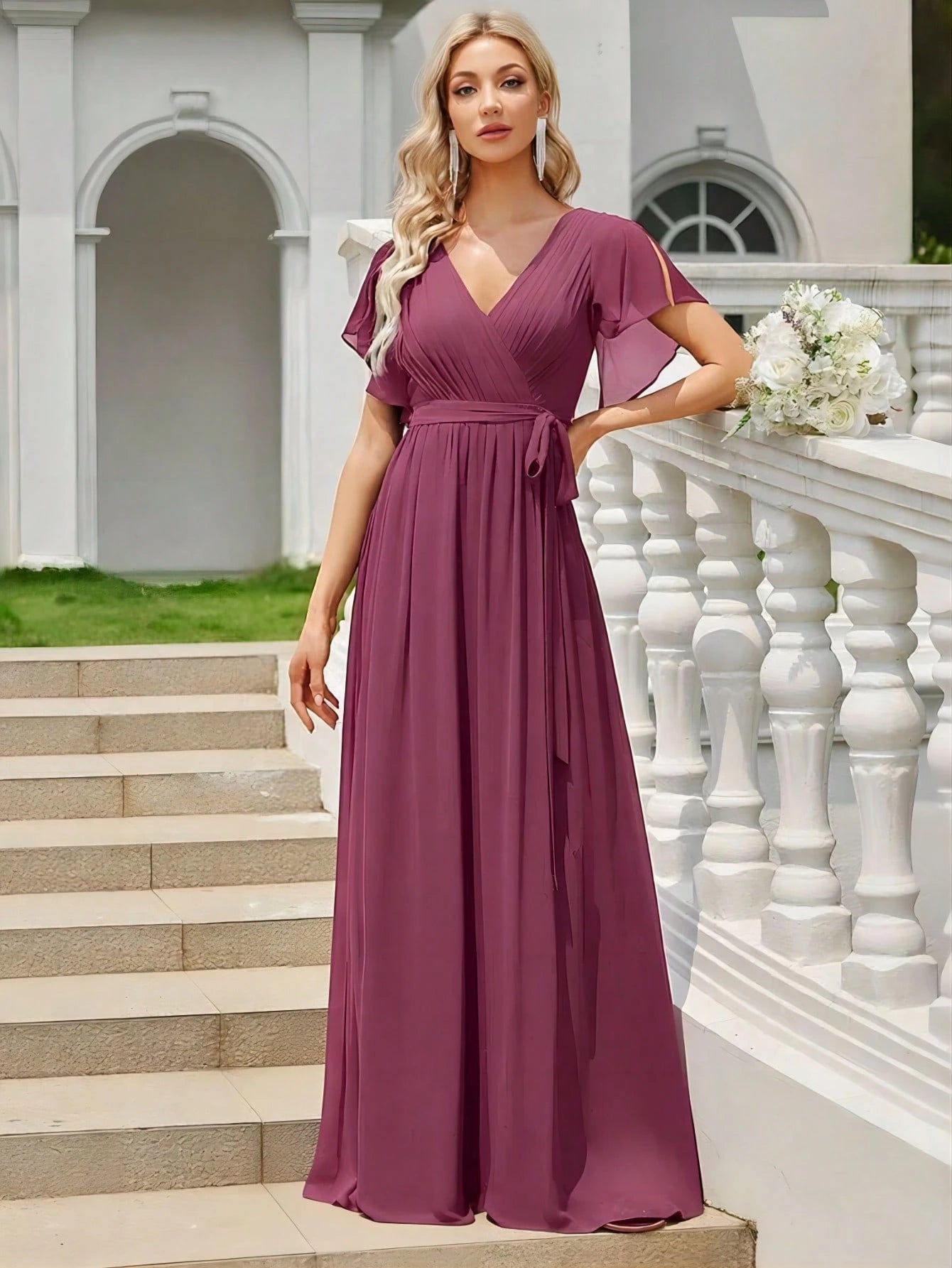 EVERPRETTY Butterfly Sleeve Pleated Chiffon Light Pink Bridesmaid