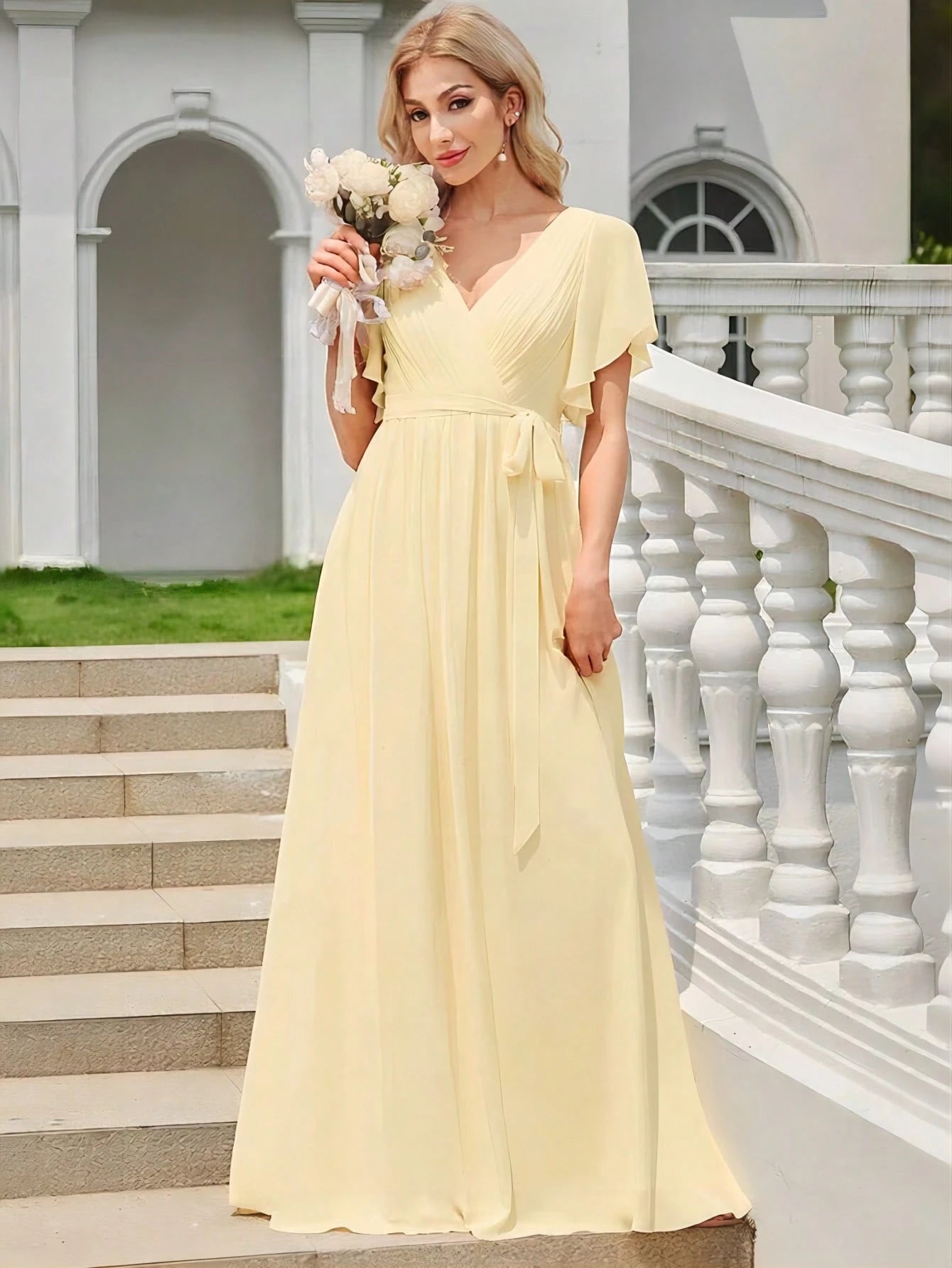 EVERPRETTY Butterfly Sleeve Pleated Chiffon Light Pink Bridesmaid