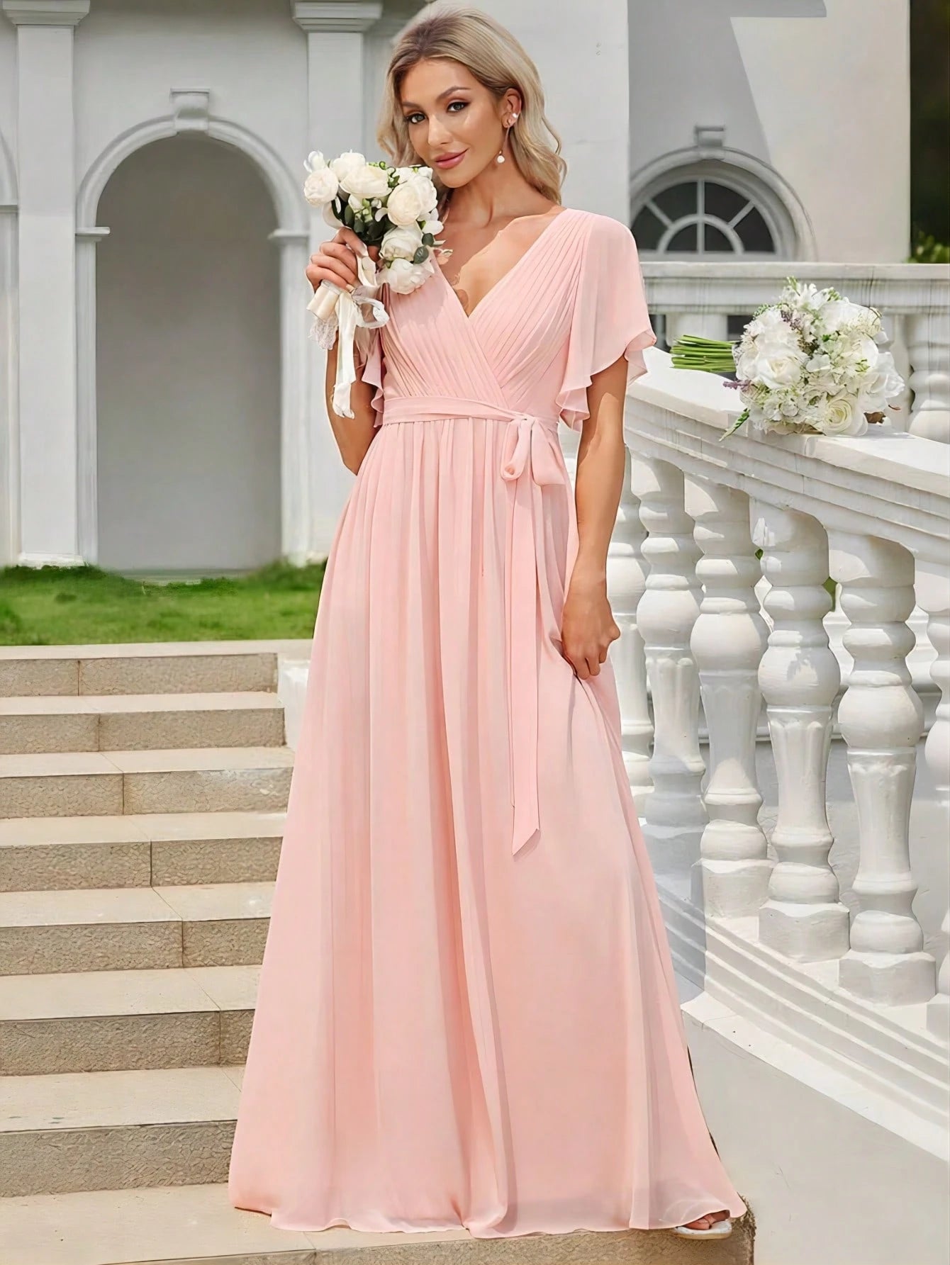 EVERPRETTY Butterfly Sleeve Pleated Chiffon Light Pink Bridesmaid
