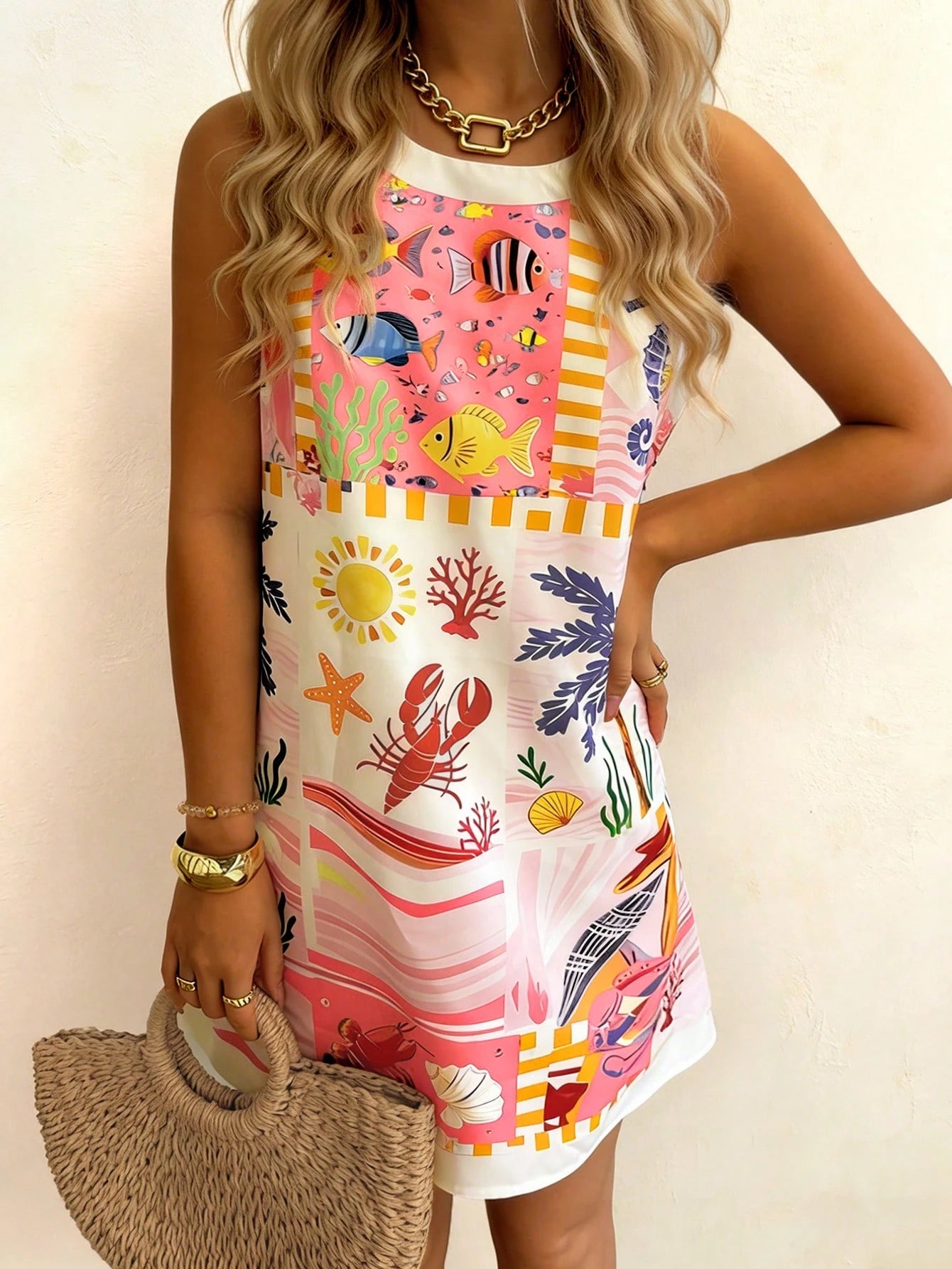 Vaclyn Women's White Print Round Neck Sleeveless Dress Beach Vacation