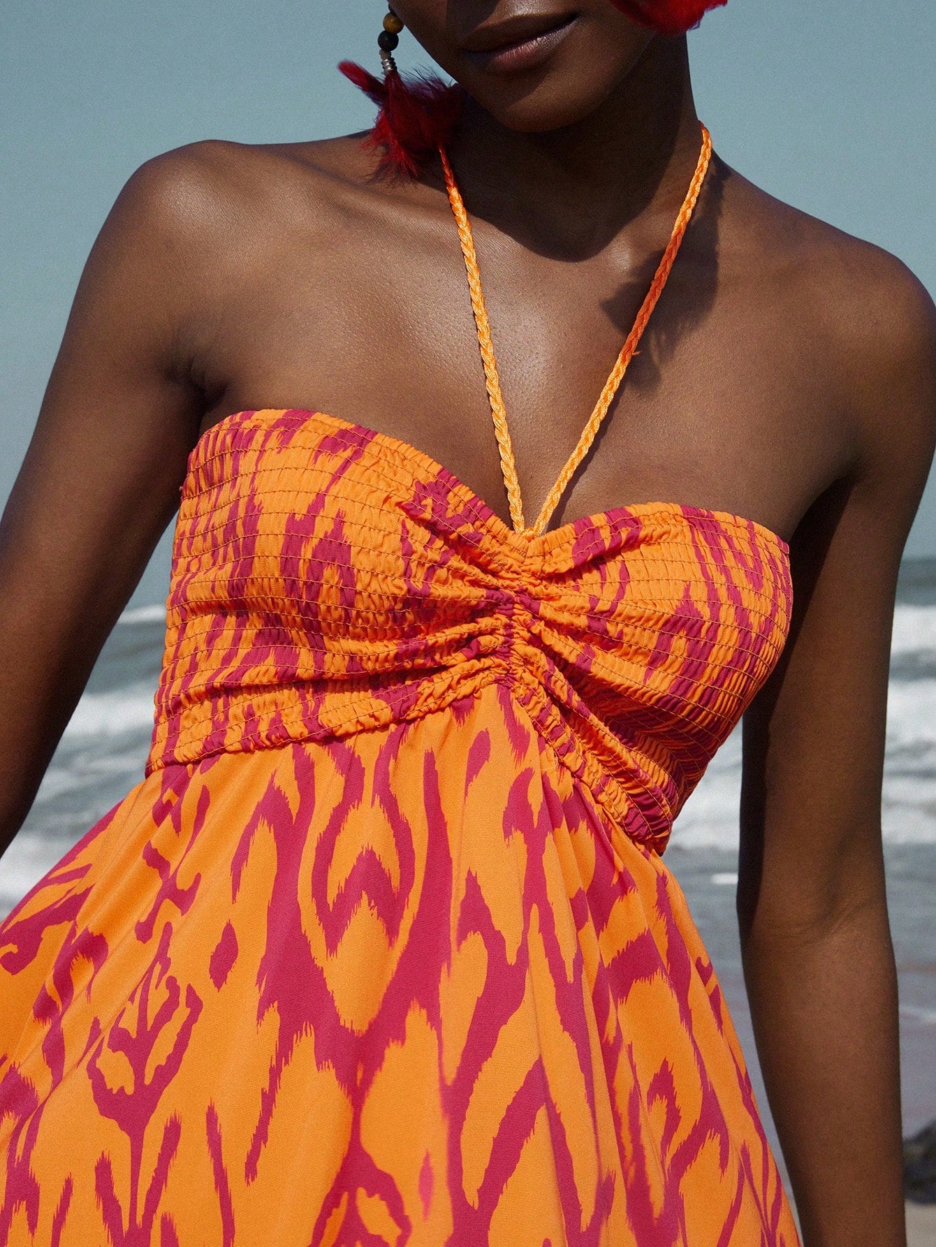 Frievida Chiffon Tie-Dye Print Halter Neck Tie-Up Sleeveless Vacation