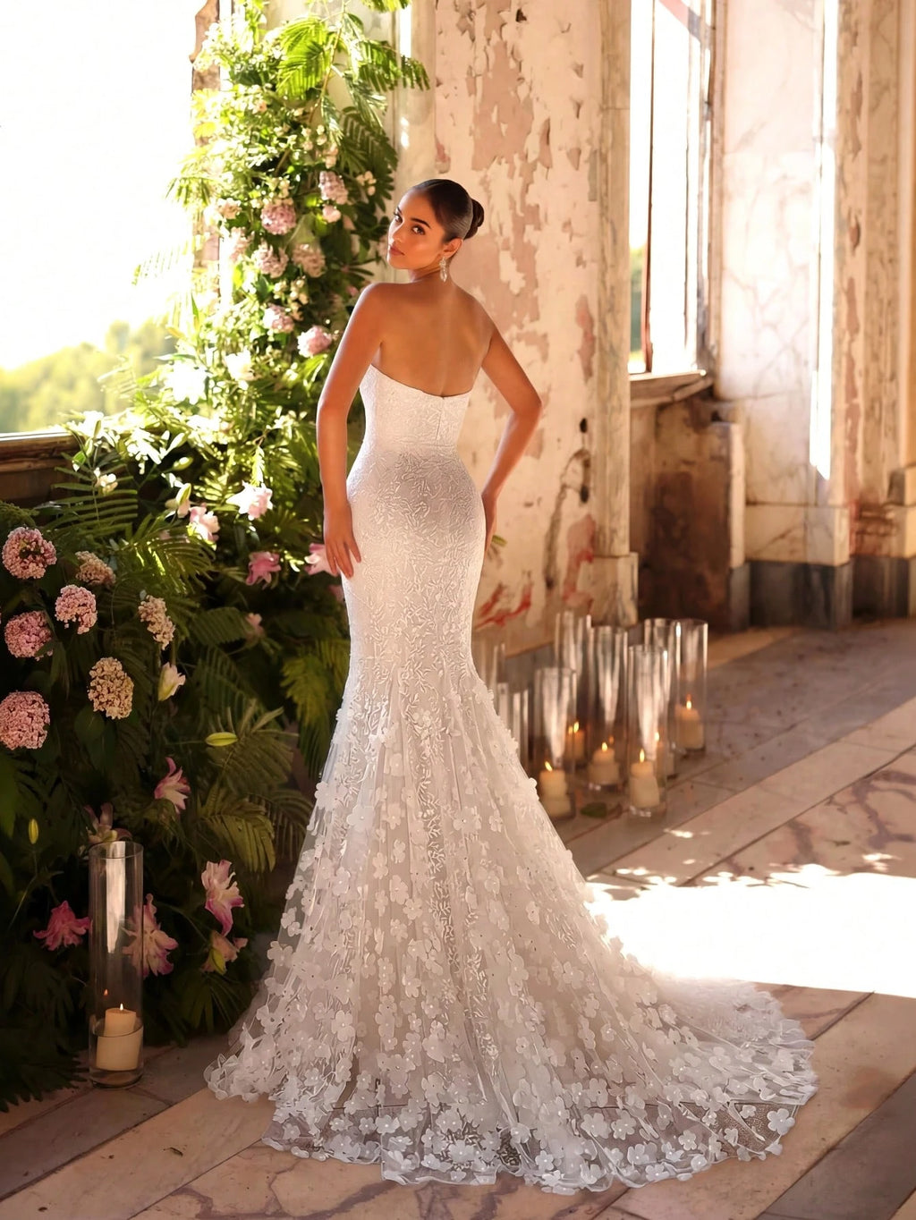 UNITHORSE Women Lace Patchwork Strapless Backless Elegant Fish Tail Wedding Gown Dress,Bride, All White Party - image 3
