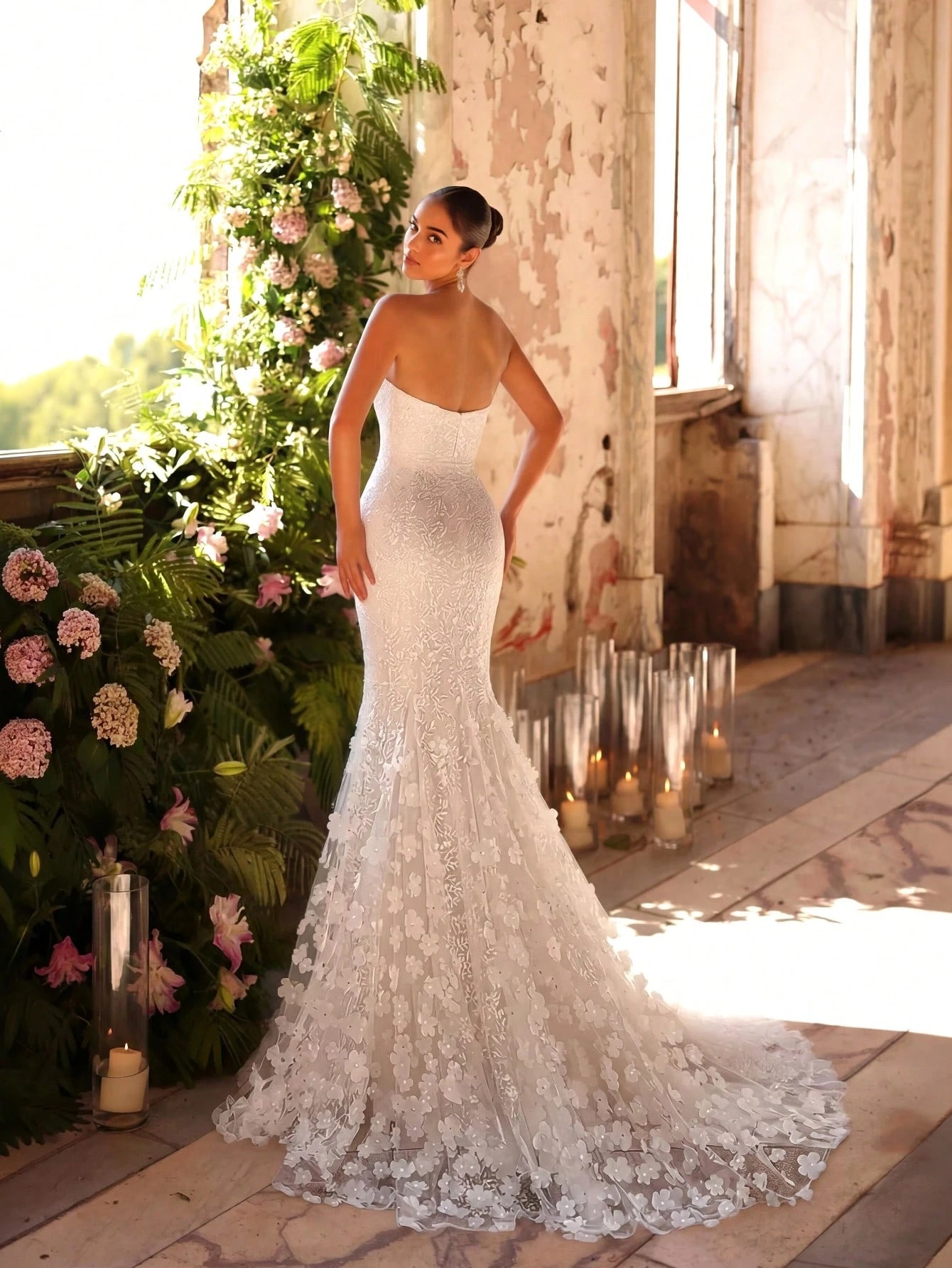 UNITHORSE Women Lace Patchwork Strapless Backless Elegant Fish Tail Wedding Gown Dress,Bride, All White Party - image 3