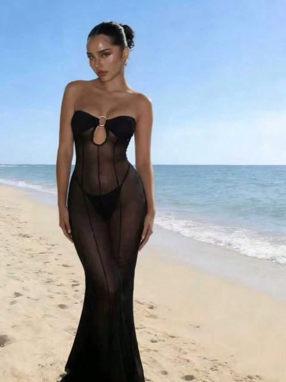Women's Sexy Sleeveless V-Neck Chiffon Sheer Beach Cover Up Casual Dress, Summer Black Elegant - image 9