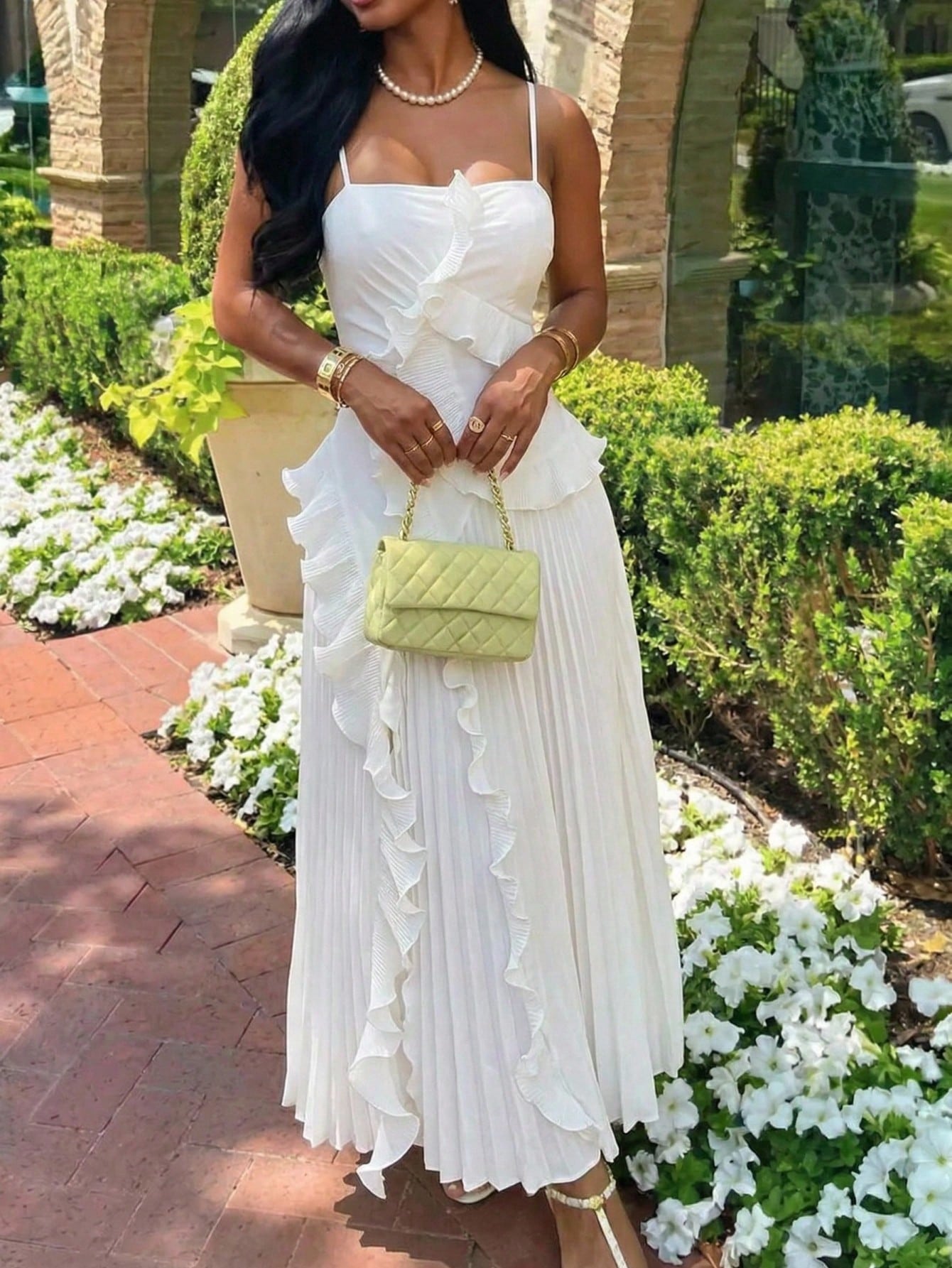 Slaydiva Women's Elegant White Long Dress For Summer Date,Halter Strapless Pleated Ruffles High Slit Bohemian