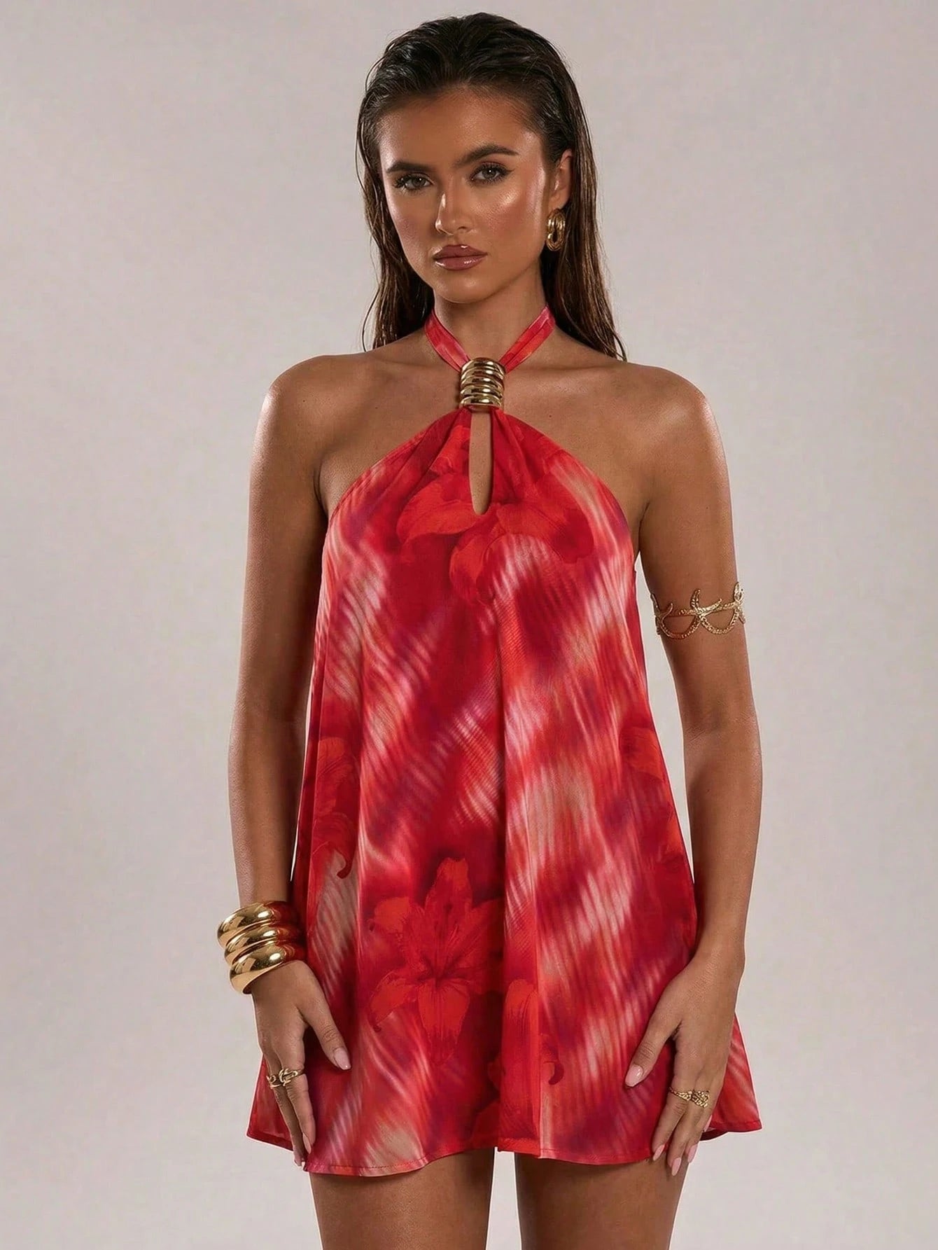 BAE Women's Red Summer Boho Sequin Holiday Vacation Holiday Animal Print & Floral Halter Metal Decor Backless - image 10
