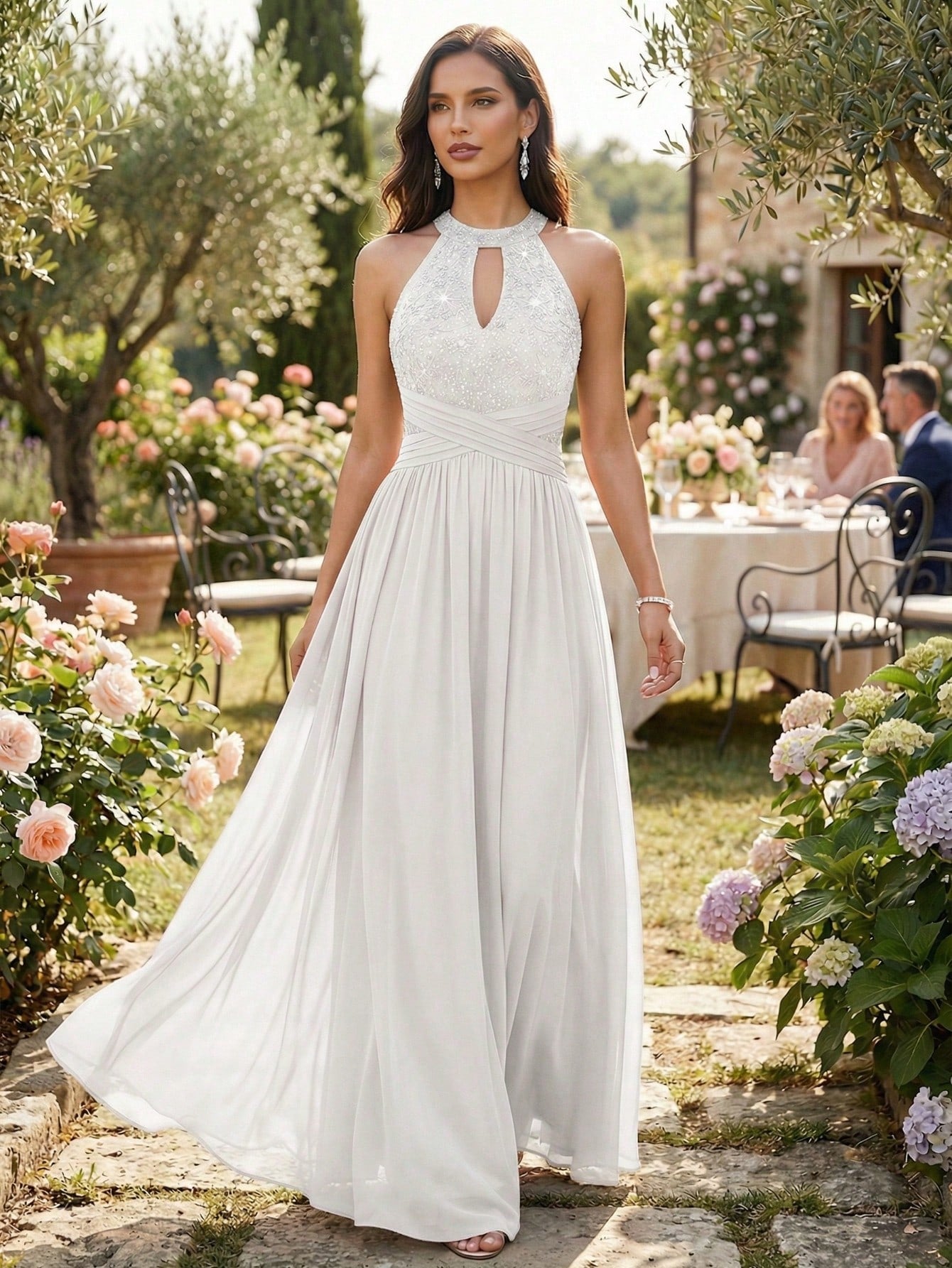 YUMIBRAVO Elegant Wedding Dresses For Bride,Long White Dress For Women,Hollow Out Wedding Dress