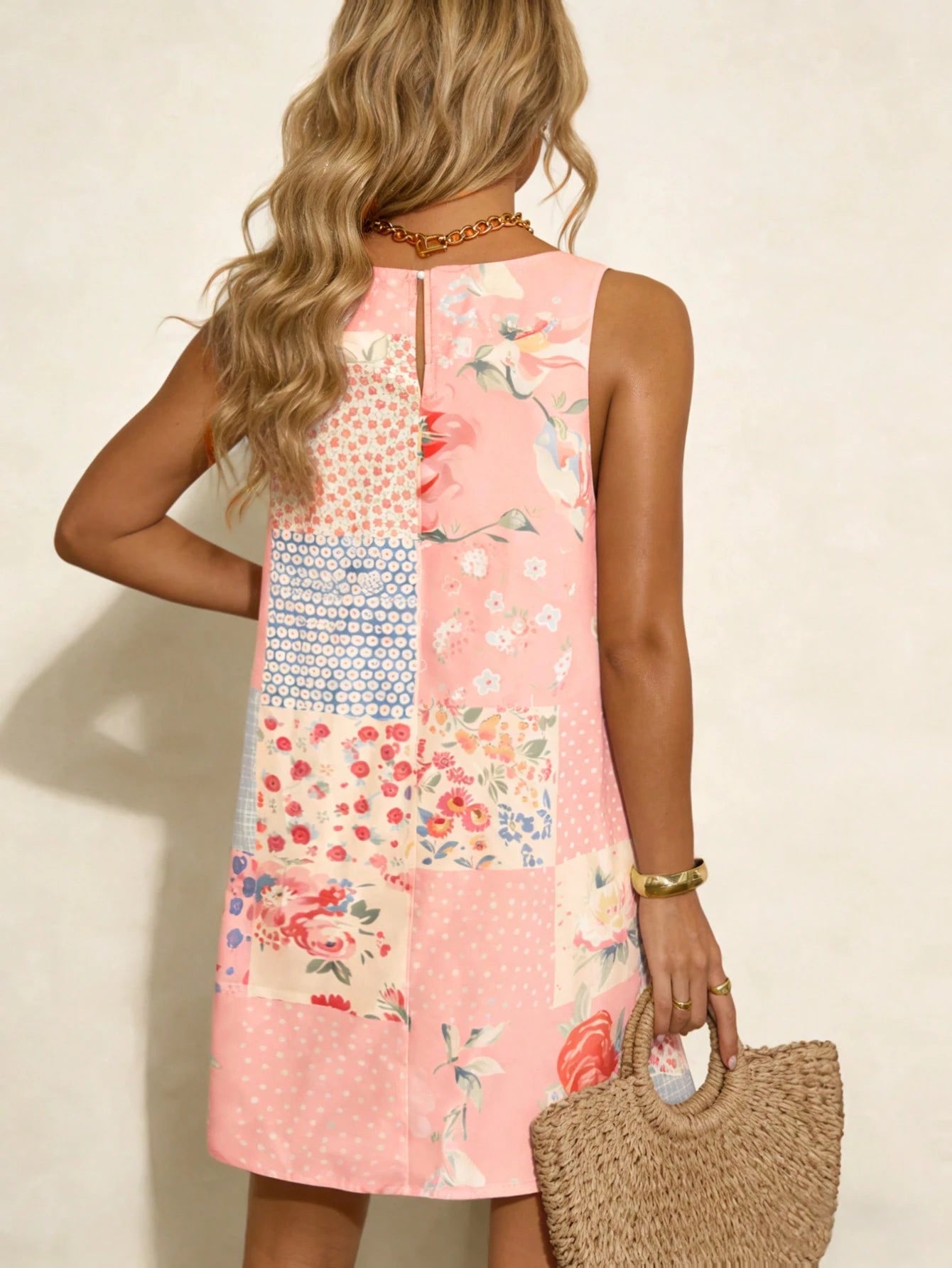 Vaclyn Women's White Print Round Neck Sleeveless Dress Beach Vacation