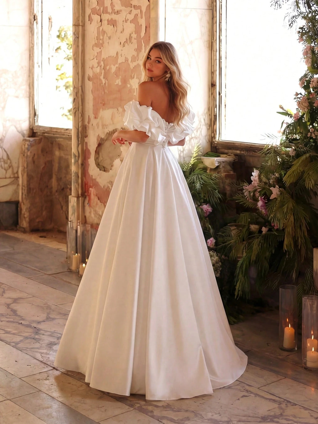 Elasola White Off-Shoulder Ruched Waist Fitted A-Line Hem Wedding Dress, Bridal Gown, All White Party Dress - image 5
