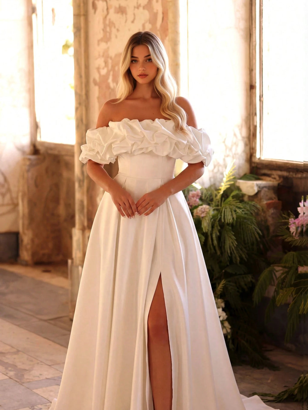 Elasola White Off-Shoulder Ruched Waist Fitted A-Line Hem Wedding Dress, Bridal Gown, All White Party Dress - image 6