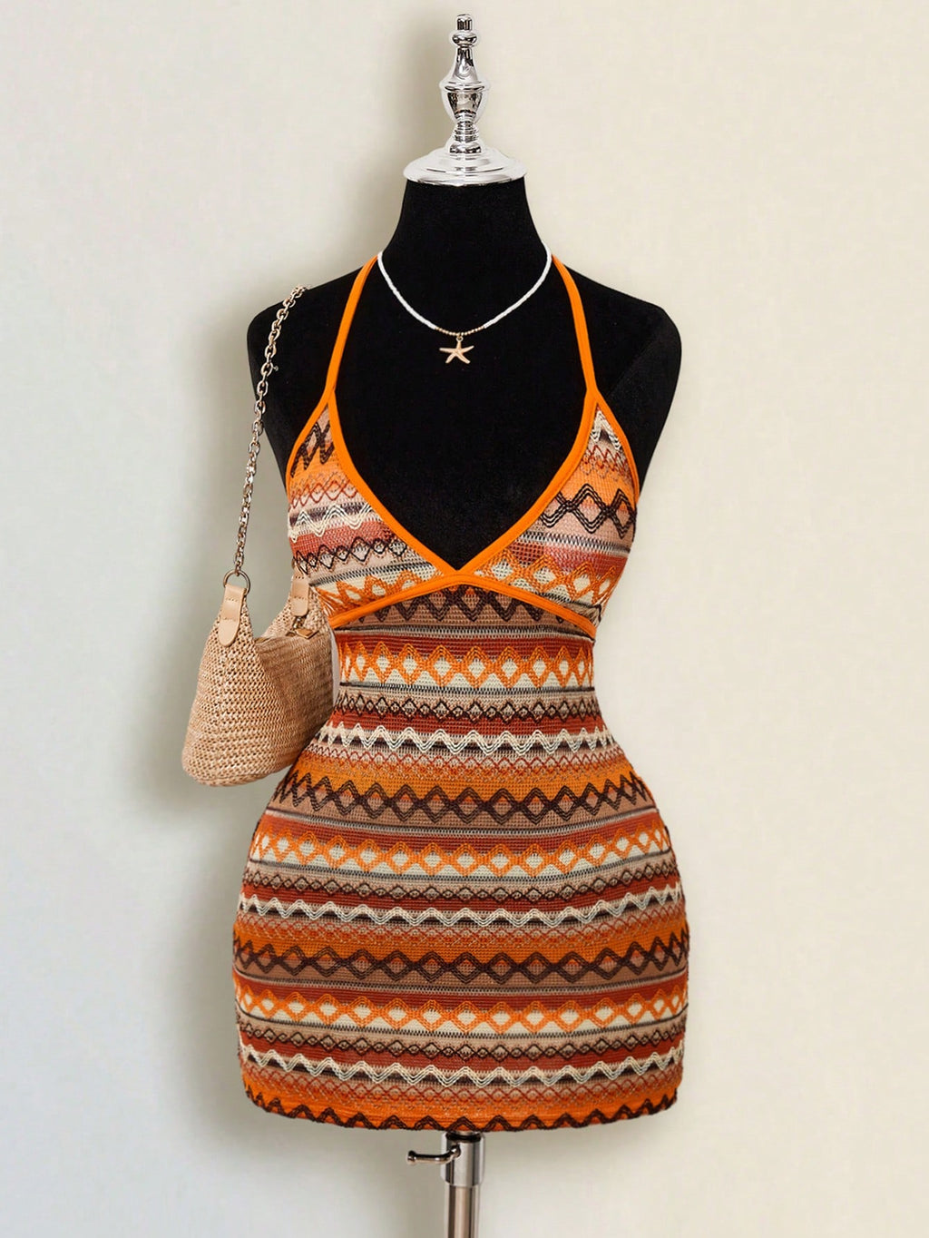 ICON Women's Colorful Jacquard Knit Contrast Ribbed Trim Halter