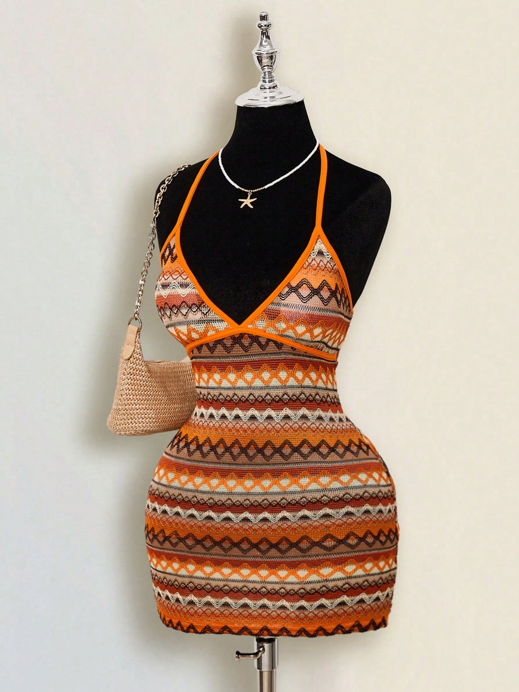 ICON Women's Colorful Jacquard Knit Contrast Ribbed Trim Halter