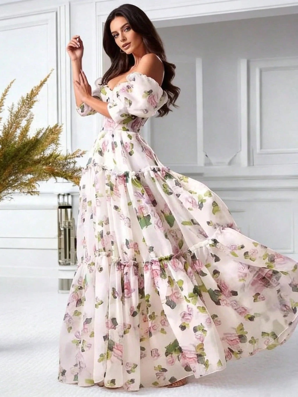 Floral Dress Half Sleeve Drawstring Puffy A-Line French Beach Wedding Graduation Gown - image 4