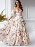 Floral Dress Half Sleeve Drawstring Puffy A-Line French Beach Wedding Graduation Gown