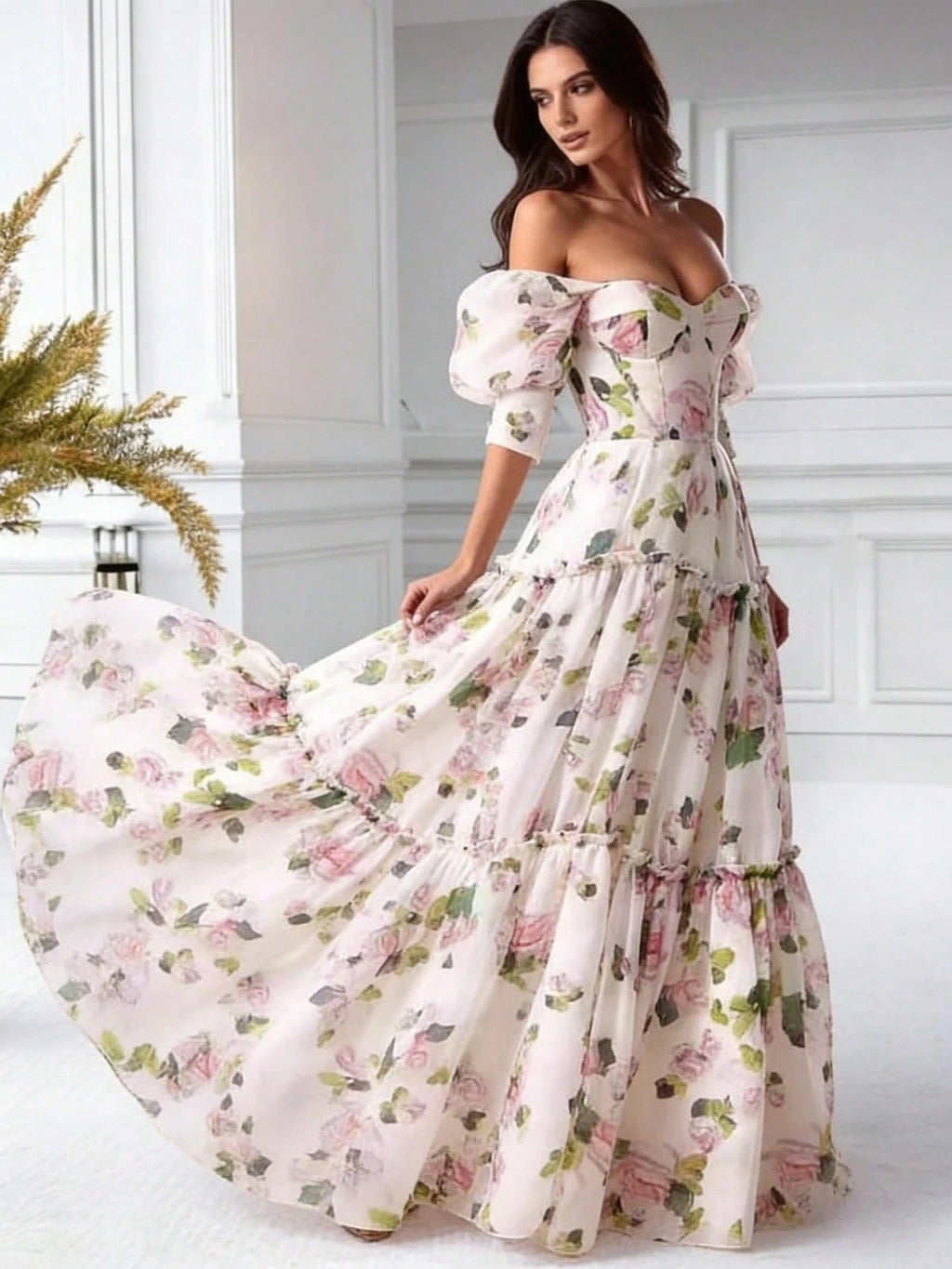 Floral Dress Half Sleeve Drawstring Puffy A-Line French Beach Wedding Graduation Gown - image 3