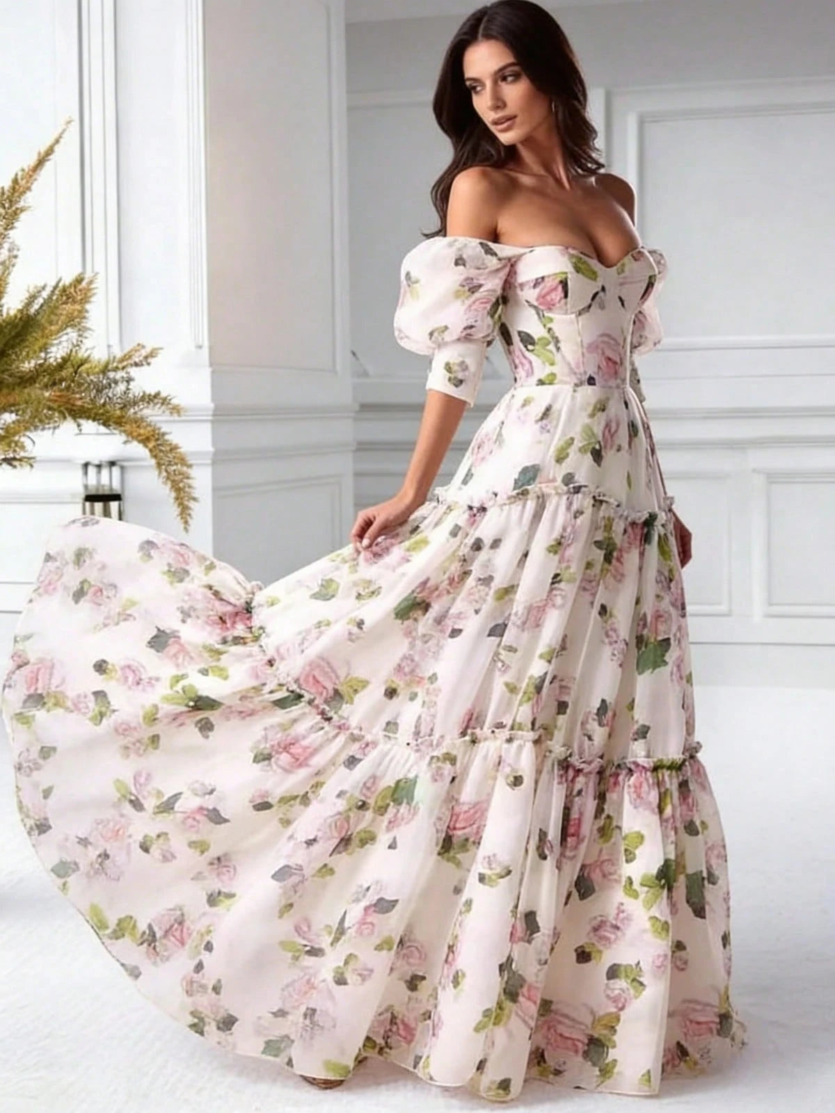 Floral Dress Half Sleeve Drawstring Puffy A-Line French Beach Wedding Graduation Gown - image 3