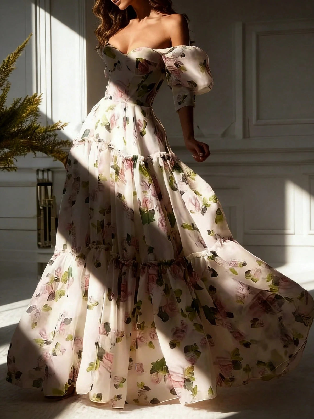Floral Dress Half Sleeve Drawstring Puffy A-Line French Beach Wedding Graduation Gown - image 7
