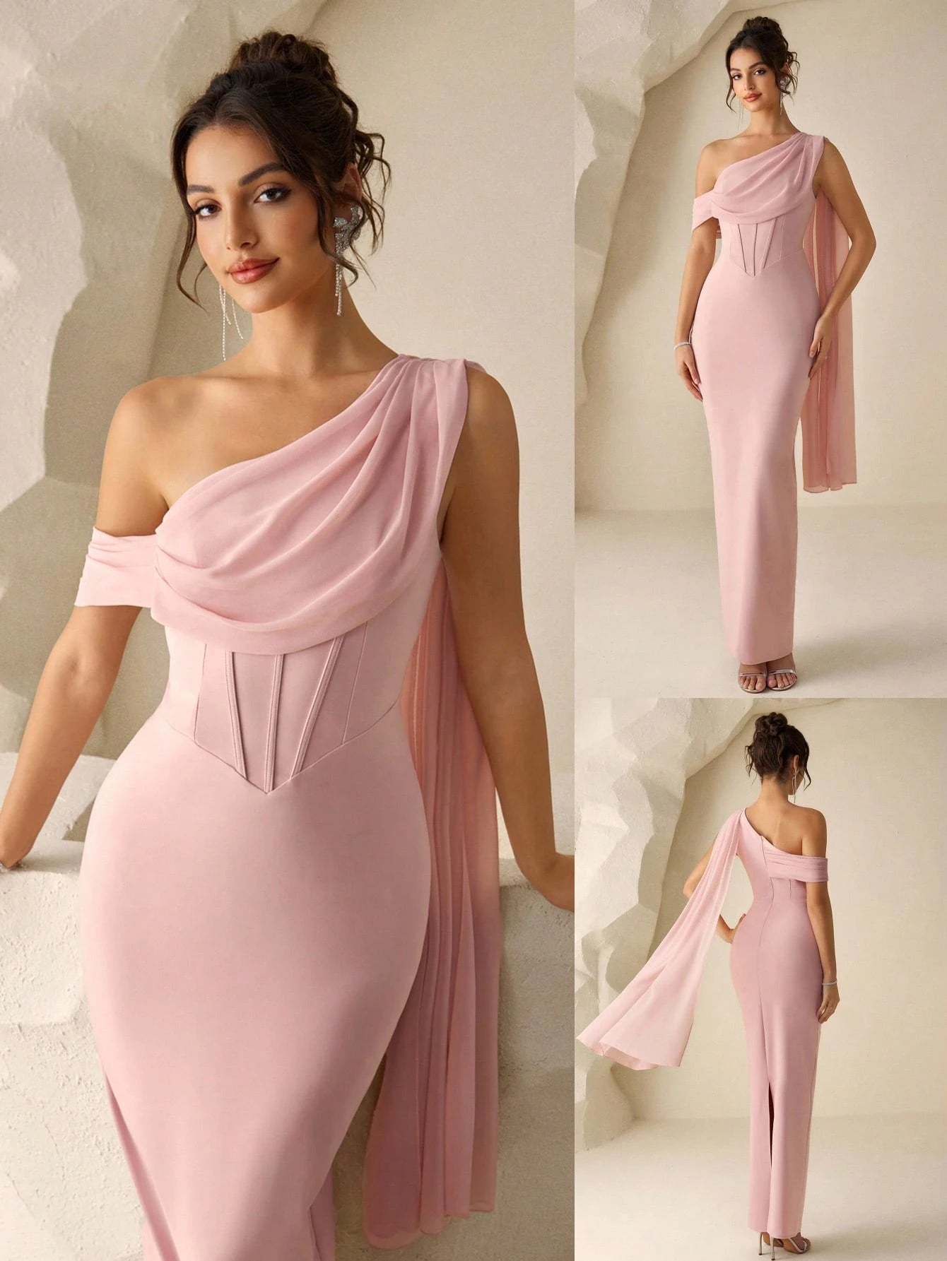 Coutiva Elegant Dusty Pink Summer One Shoulder Evening Gown,Sophisticated Formal Wedding Prom Dress,Luxury