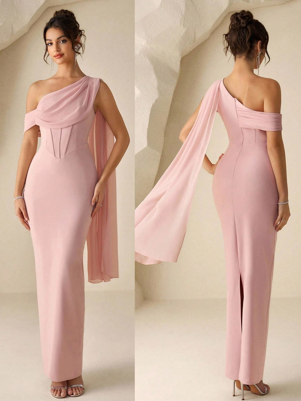 Coutiva Elegant Dusty Pink Summer One Shoulder Evening Gown,Sophisticated Formal Wedding Prom Dress,Luxury - image 3