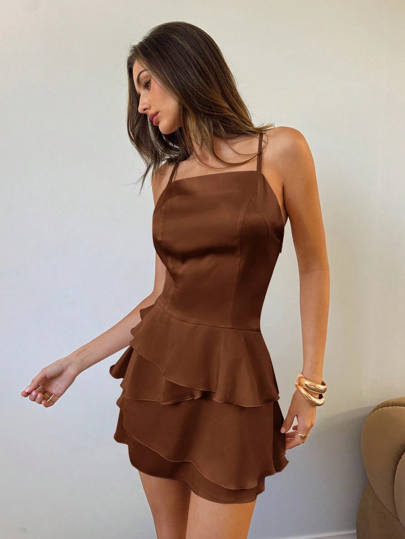 Aloruh Women's New Solid Coffee Color Slip Dress With Detachable Shawl, Sexy Cute Retro Romantic Date Mini - image 3