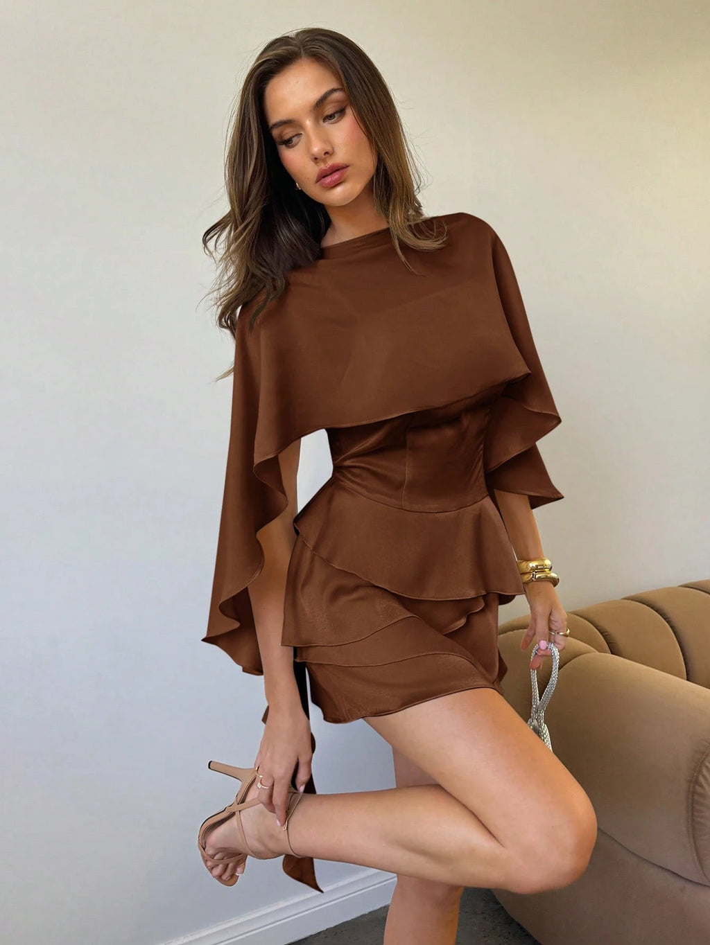 Aloruh Women's New Solid Coffee Color Slip Dress With Detachable Shawl, Sexy Cute Retro Romantic Date Mini - image 4