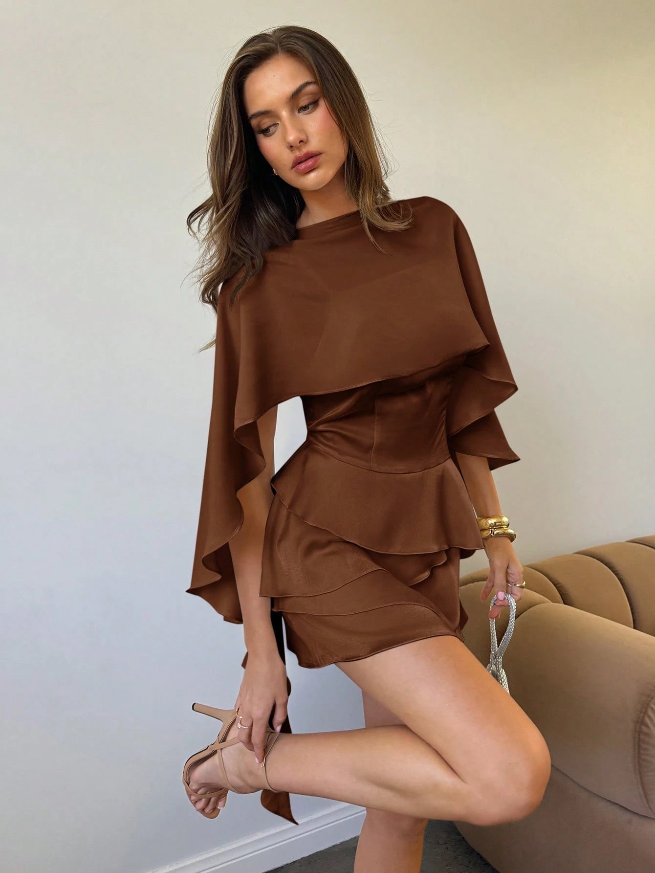 Aloruh Women's New Solid Coffee Color Slip Dress With Detachable Shawl, Sexy Cute Retro Romantic Date Mini - image 4