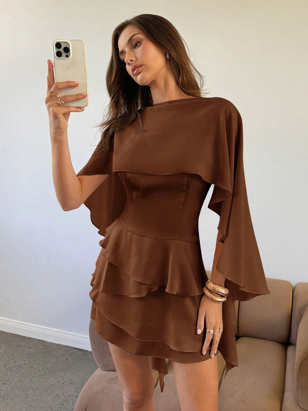 Aloruh Women's New Solid Coffee Color Slip Dress With Detachable Shawl, Sexy Cute Retro Romantic Date Mini - image 6