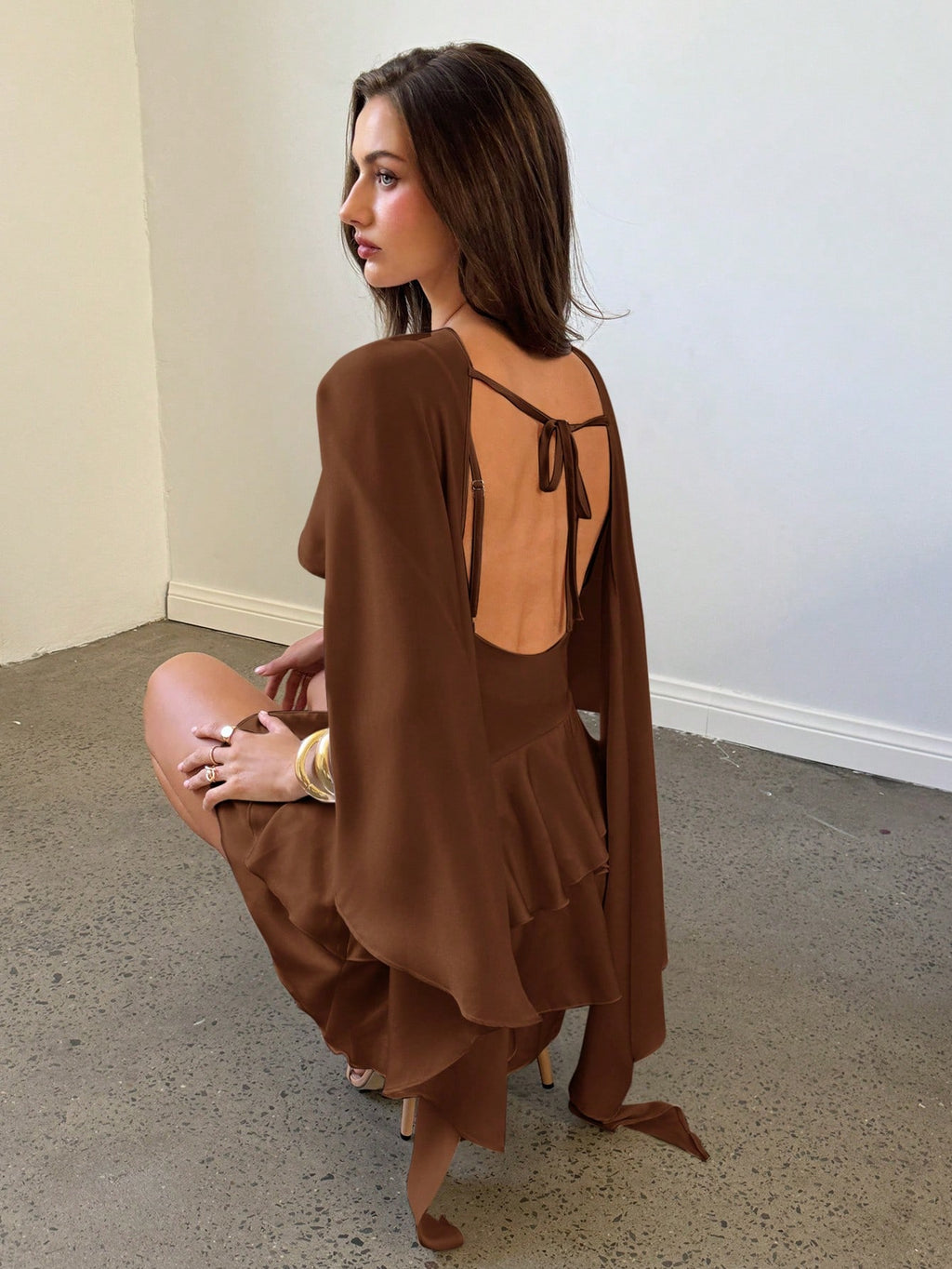 Aloruh Women's New Solid Coffee Color Slip Dress With Detachable Shawl, Sexy Cute Retro Romantic Date Mini - image 7