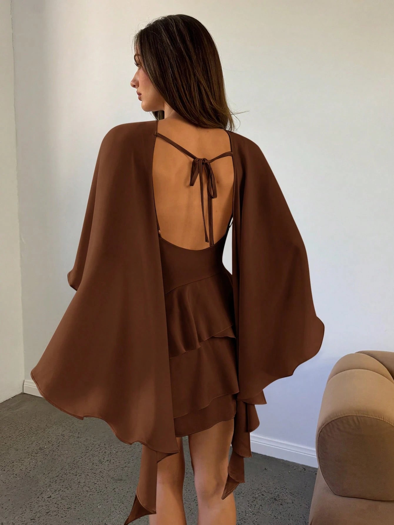 Aloruh Women's New Solid Coffee Color Slip Dress With Detachable Shawl, Sexy Cute Retro Romantic Date Mini - image 8