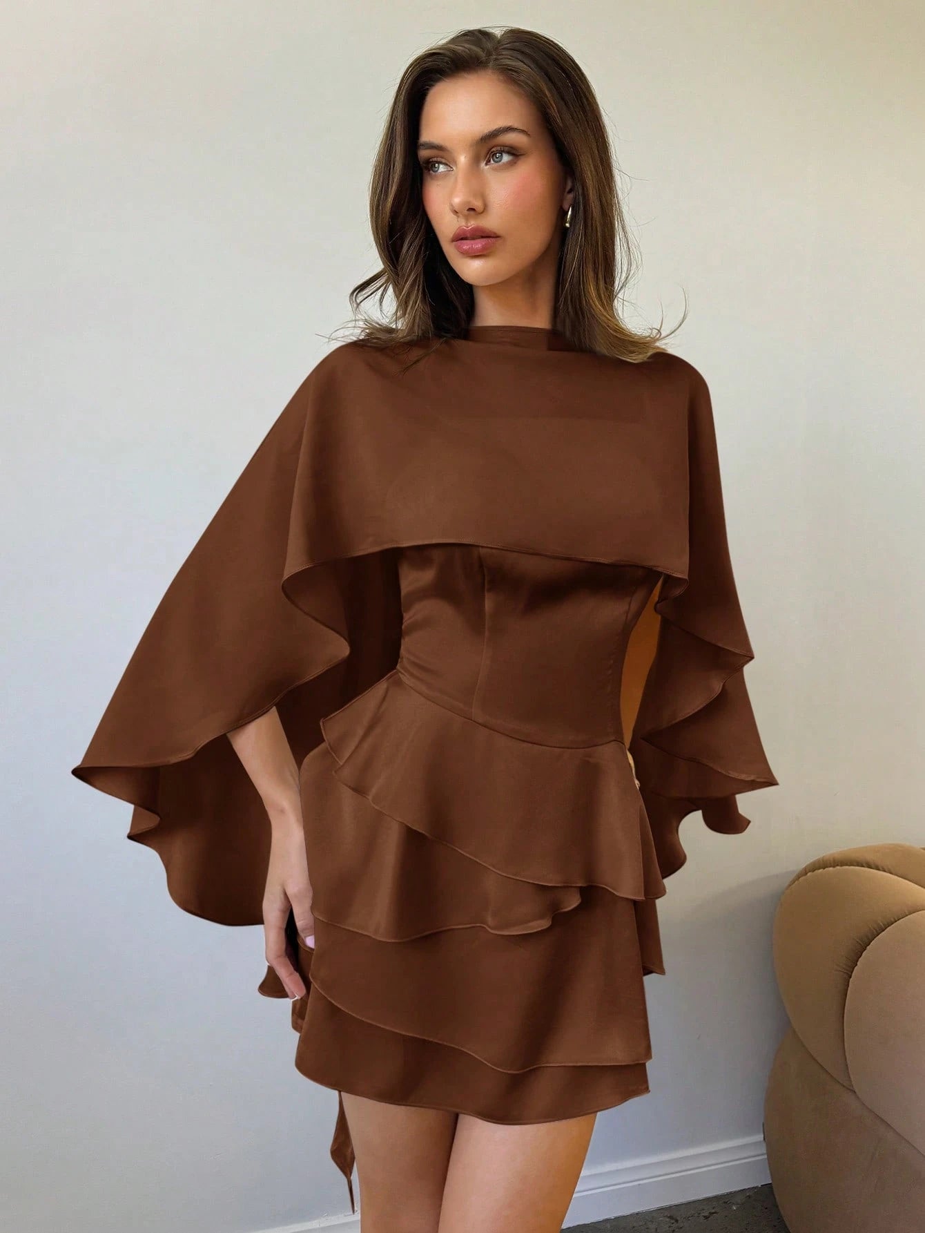 Aloruh Women's New Solid Coffee Color Slip Dress With Detachable Shawl, Sexy Cute Retro Romantic Date Mini - image 9