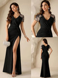 Coutiva Elegant Formal Black Spring Party Dress,V-Neck Lace Short Sleeve Mesh Inset Evening Gown,High Slit