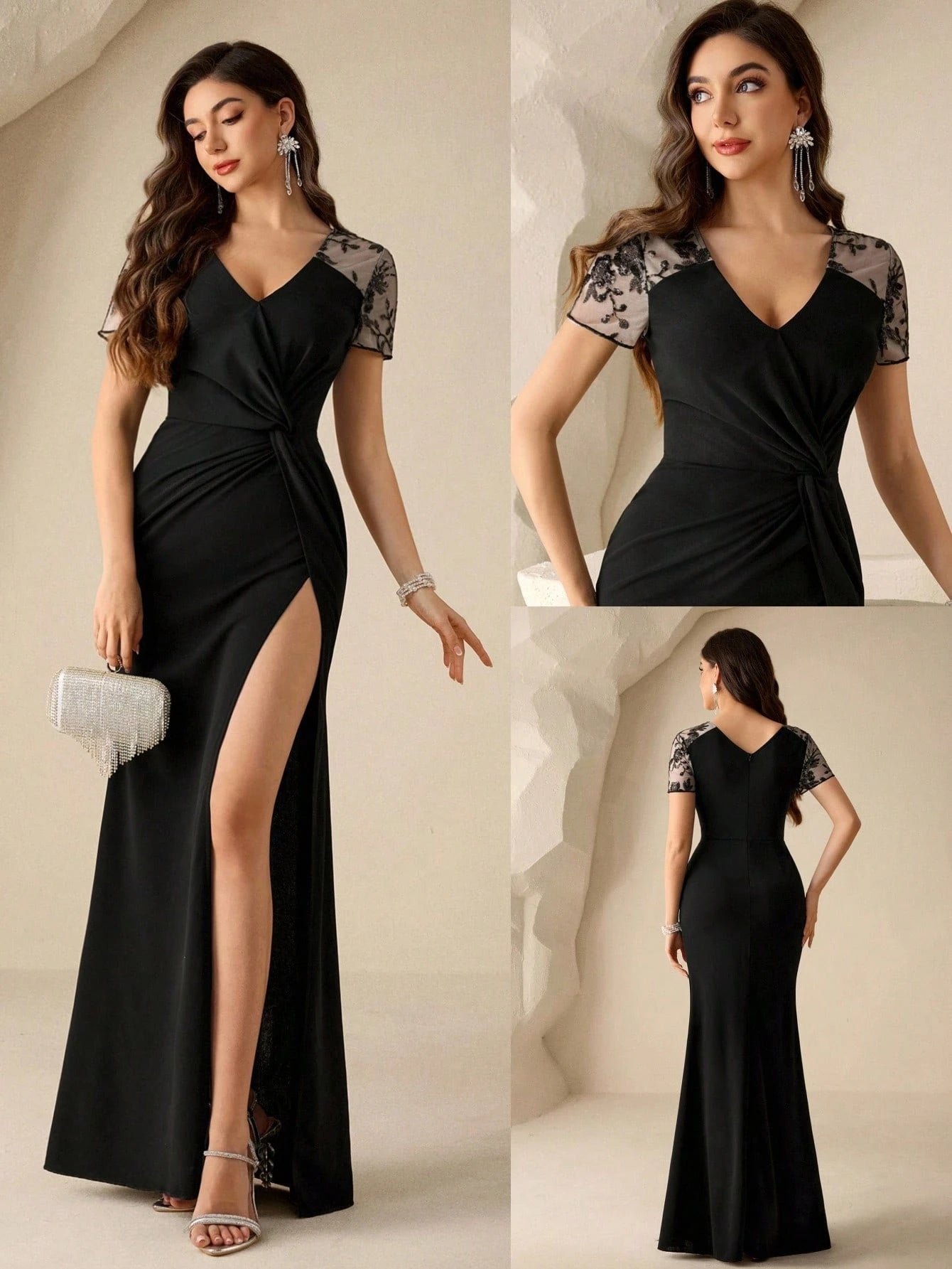 Coutiva Elegant Formal Black Spring Party Dress,V-Neck Lace Short Sleeve Mesh Inset Evening Gown,High Slit