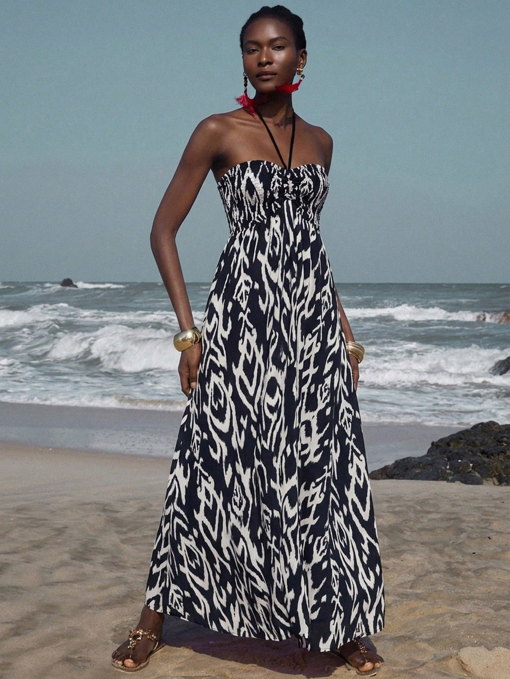 Frievida Chiffon Tie-Dye Print Halter Neck Tie-Up Sleeveless Vacation