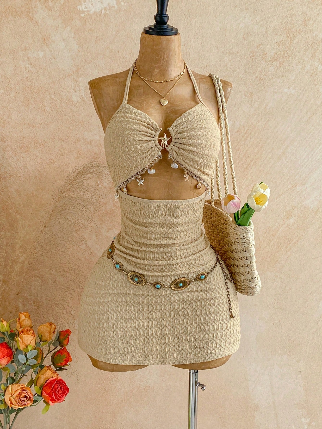 Soleia Women's V-Neck Dusty Blue Summer Casual Holiday Vacation A-Line Mini Dress,Starfish Metal Decor - image 3