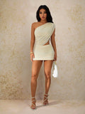 PETITE Women Mini Solid Color Asymmetrical Neck Dress, Fashionable