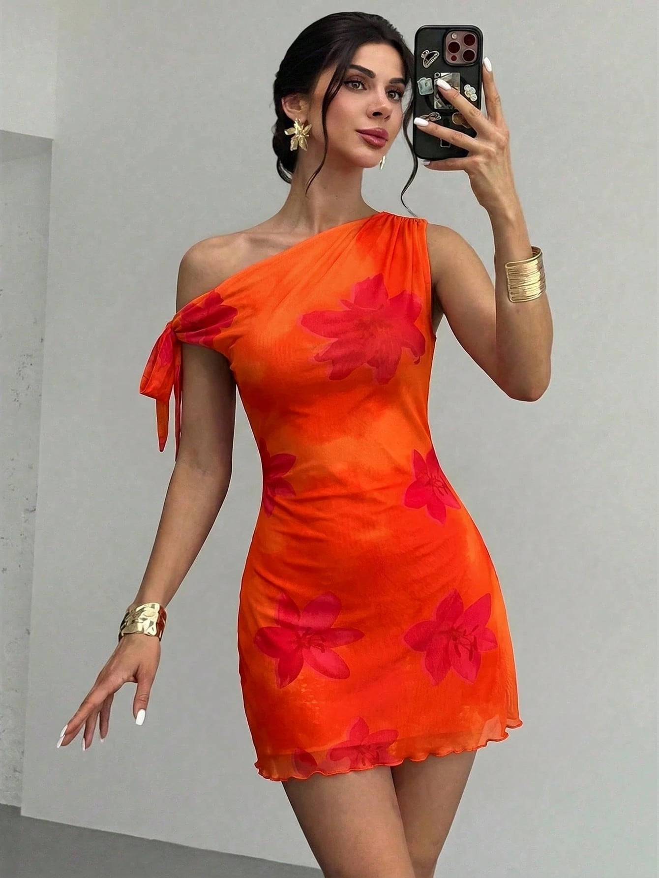 Firerie Women's Orange Red Floral Mesh Mini
